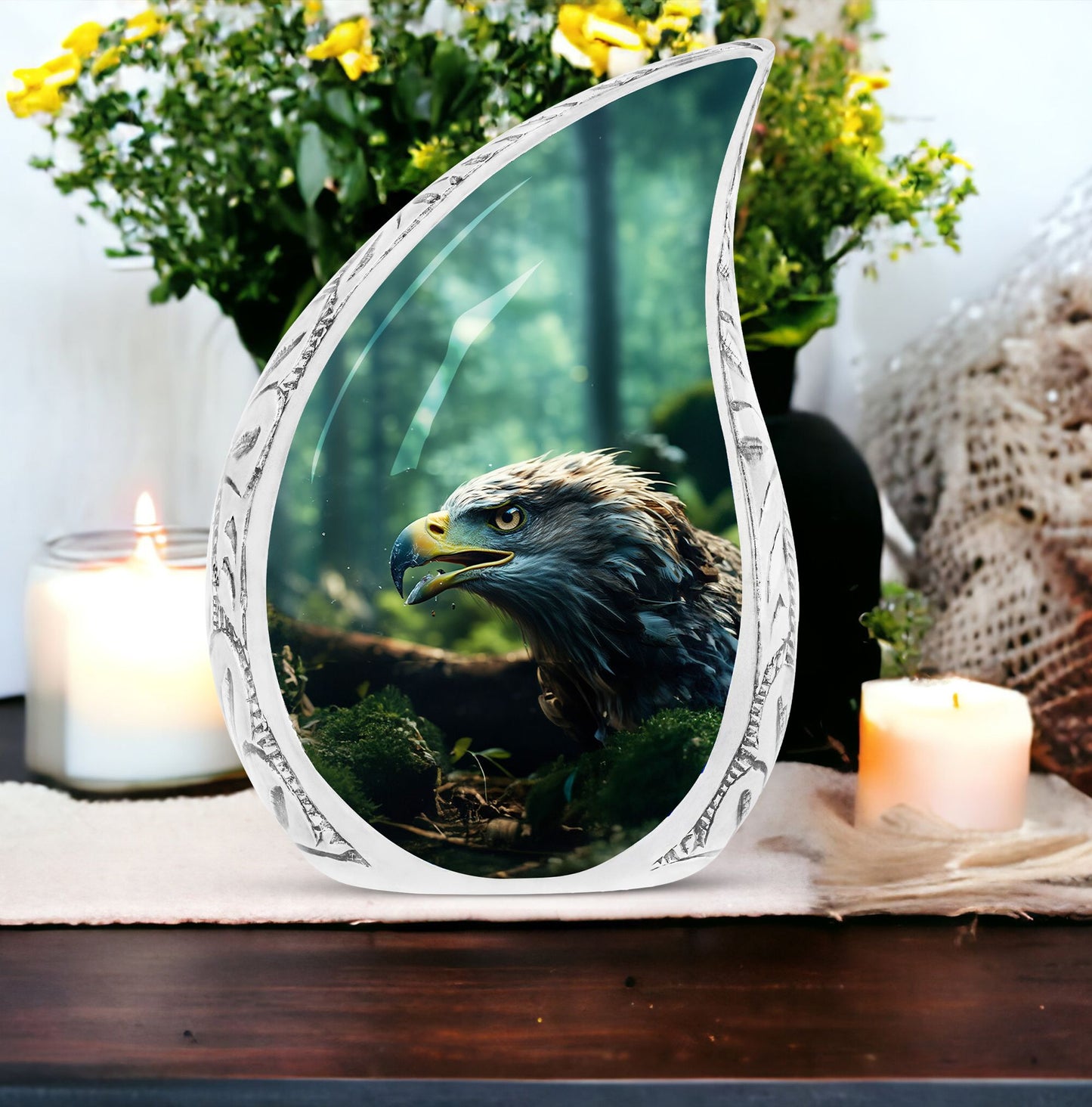 Large urn with eagle face design amidst forest setting, ideal for adult human remains, a decorative funeral choice.