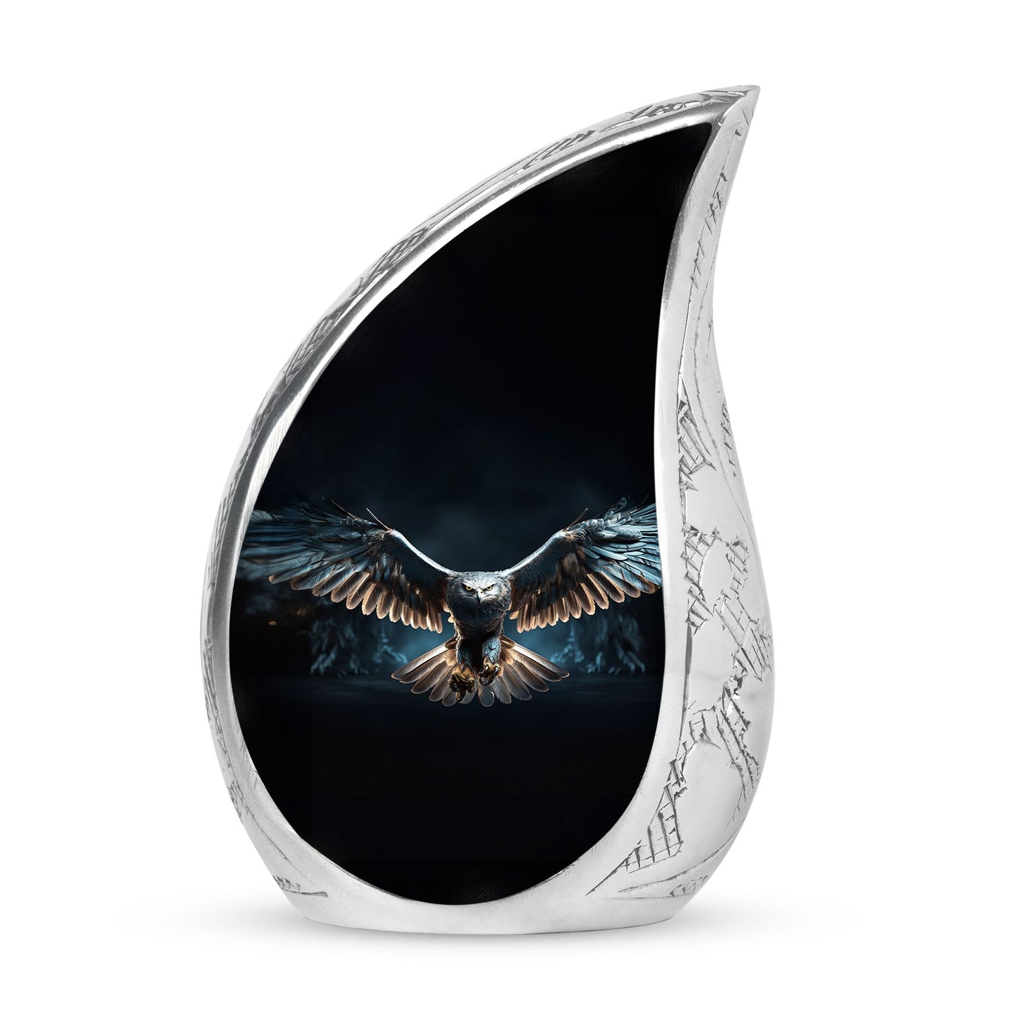 Large urn with majestic eagle theme, ideal for adult male human ashes storage against a dark background