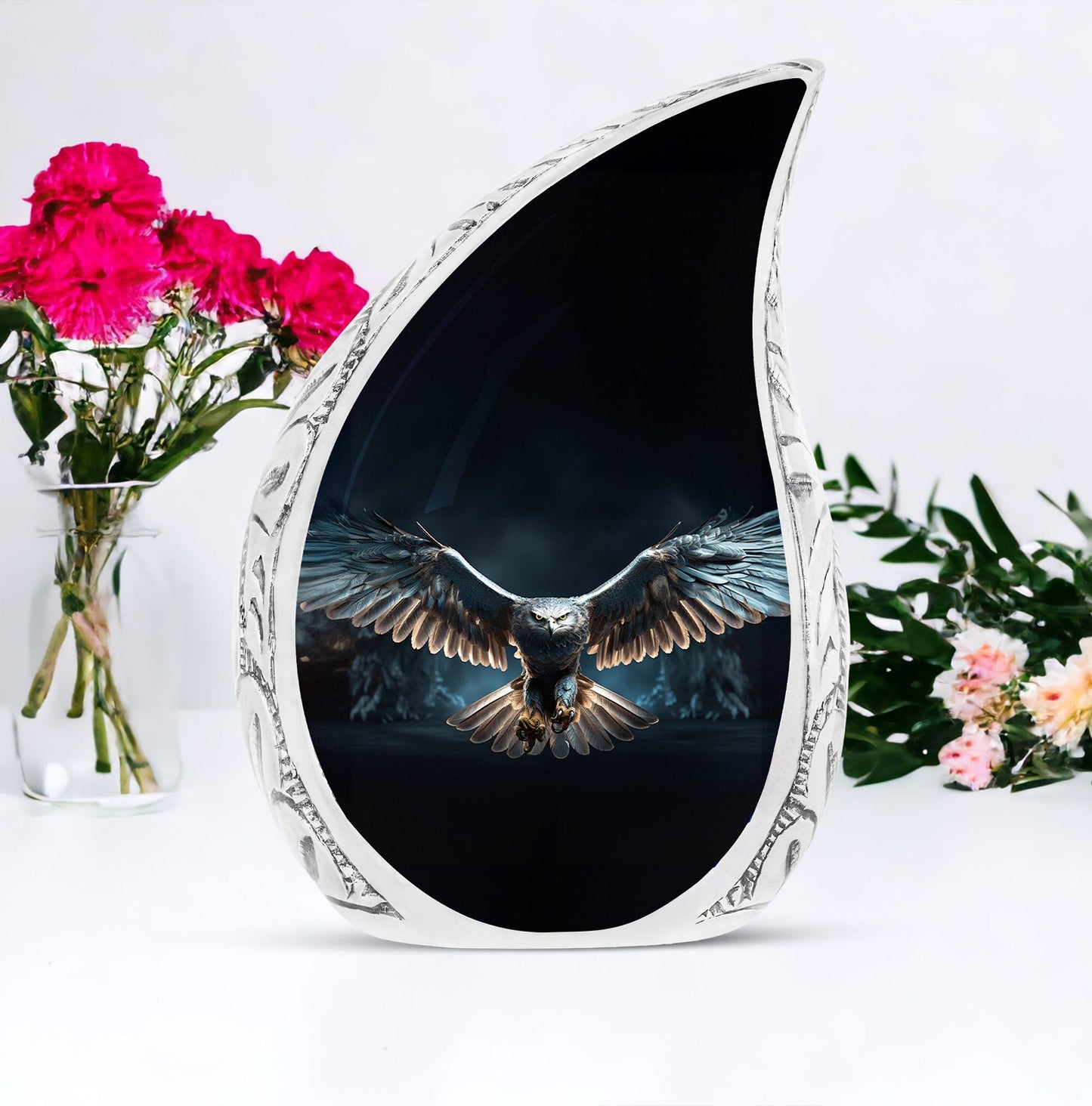 Large urn with majestic eagle theme, ideal for adult male human ashes storage against a dark background