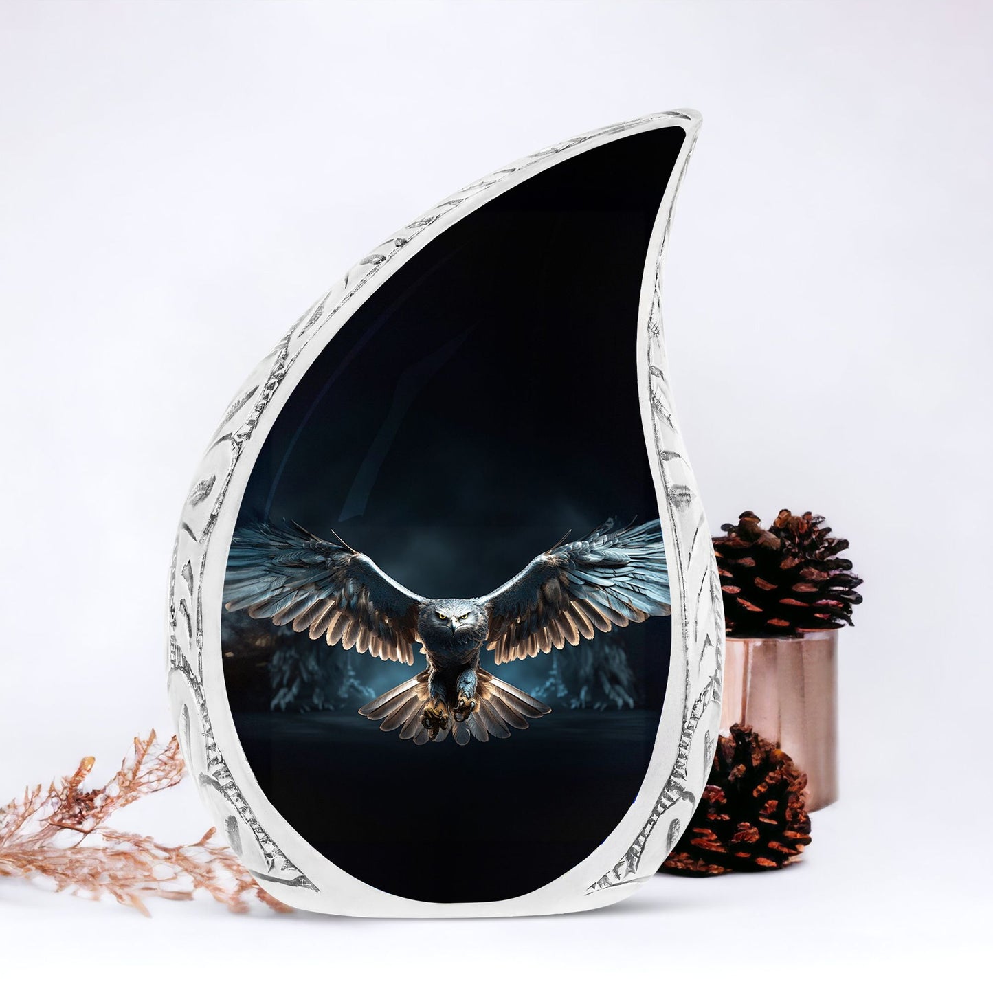 Large urn with majestic eagle theme, ideal for adult male human ashes storage against a dark background