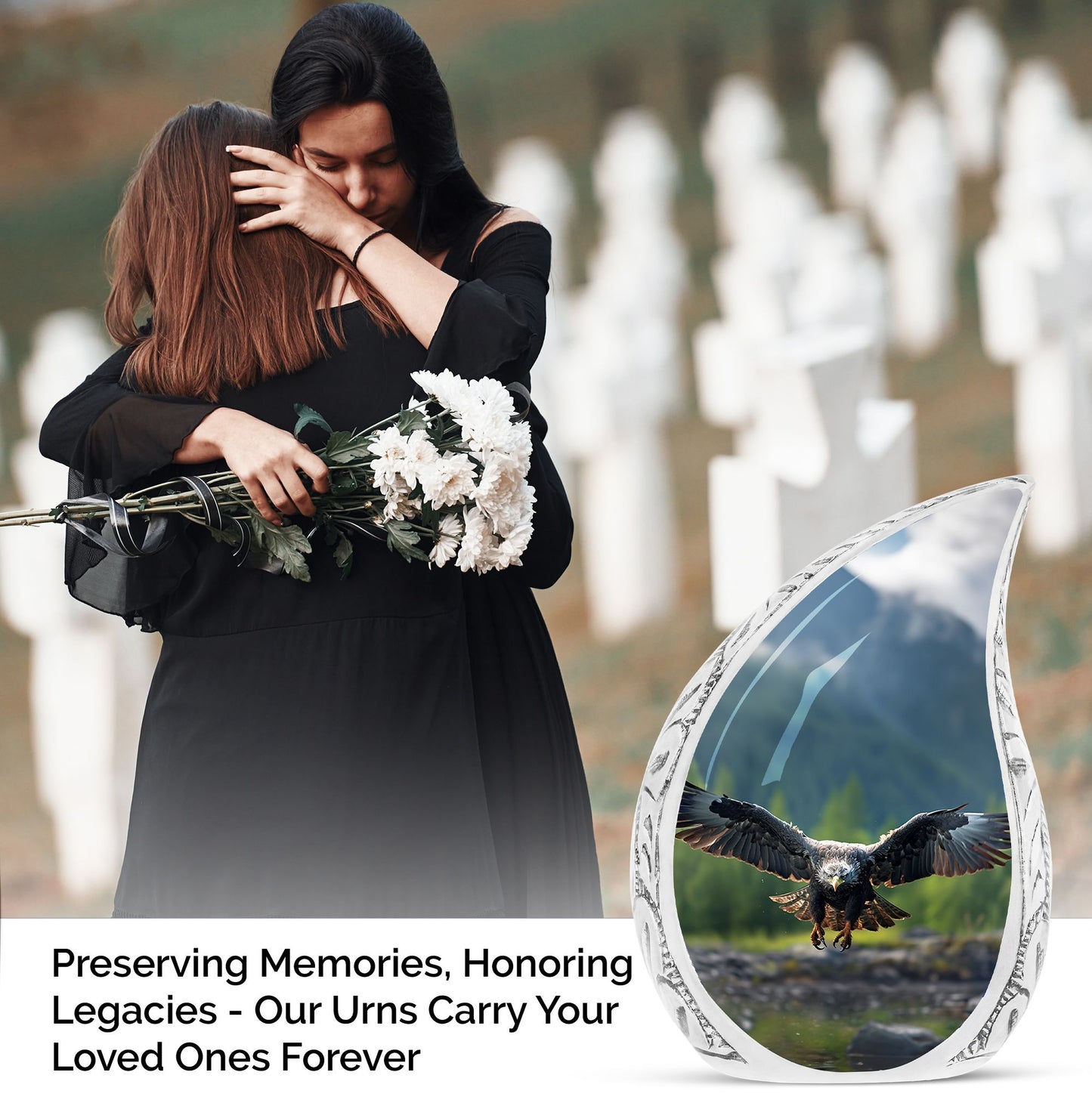 Large eagle urn for burial in ground, ideal for ashes of adult women, depicting eagle flying in a forest