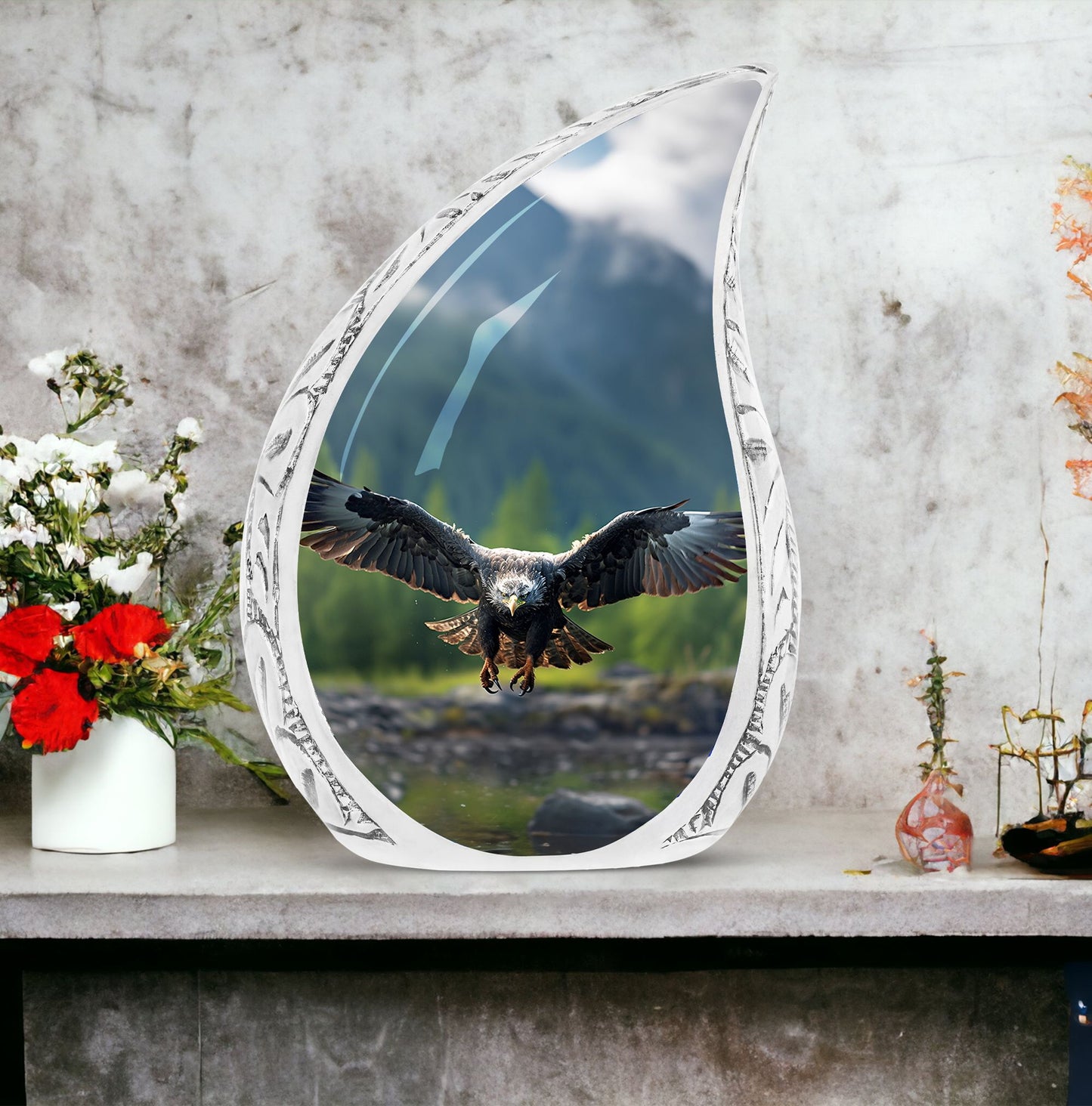 Large eagle urn for burial in ground, ideal for ashes of adult women, depicting eagle flying in a forest