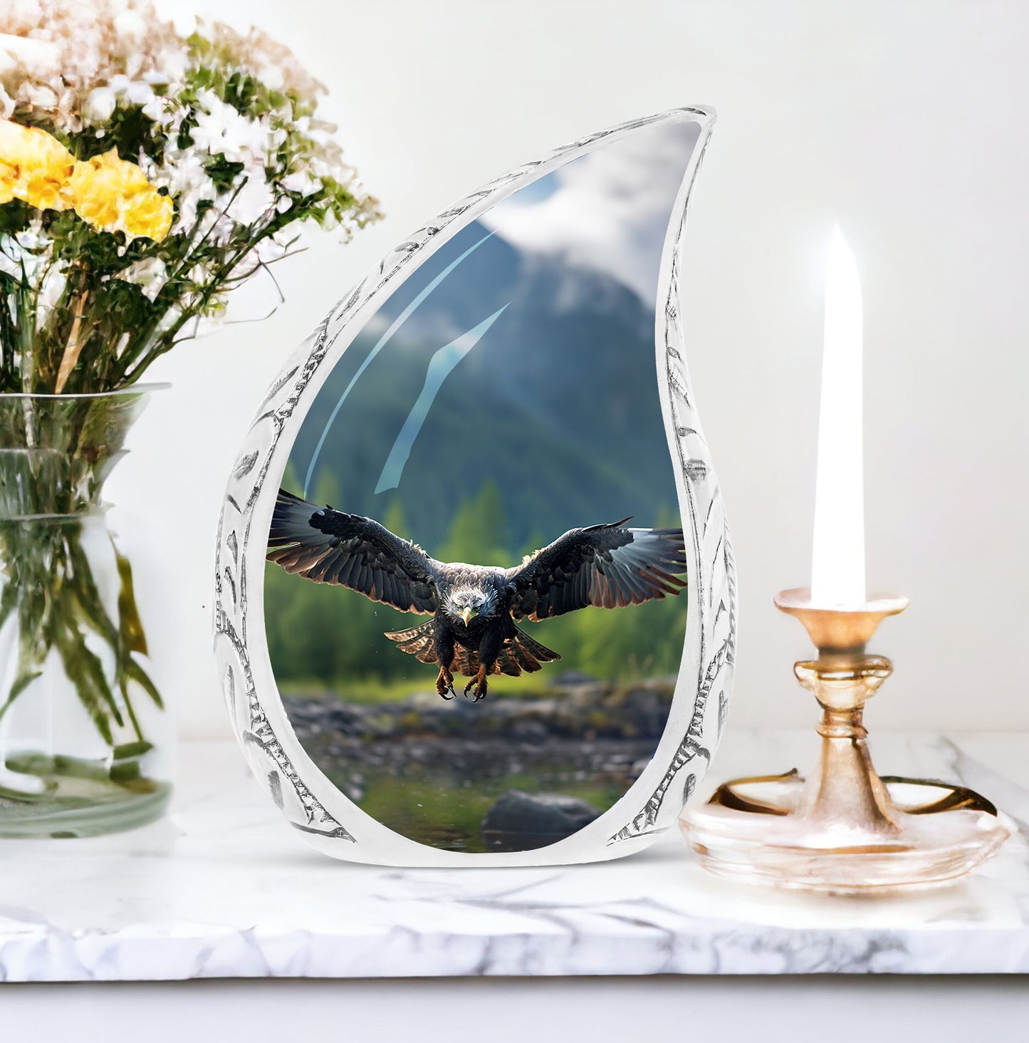 Large eagle urn for burial in ground, ideal for ashes of adult women, depicting eagle flying in a forest