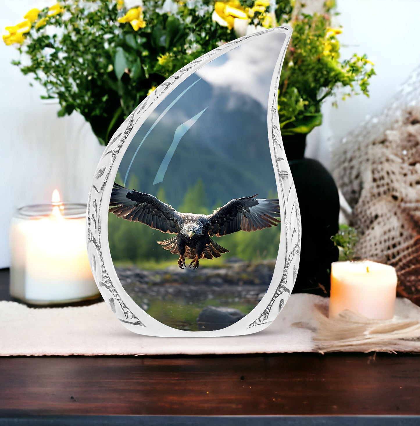Large eagle urn for burial in ground, ideal for ashes of adult women, depicting eagle flying in a forest