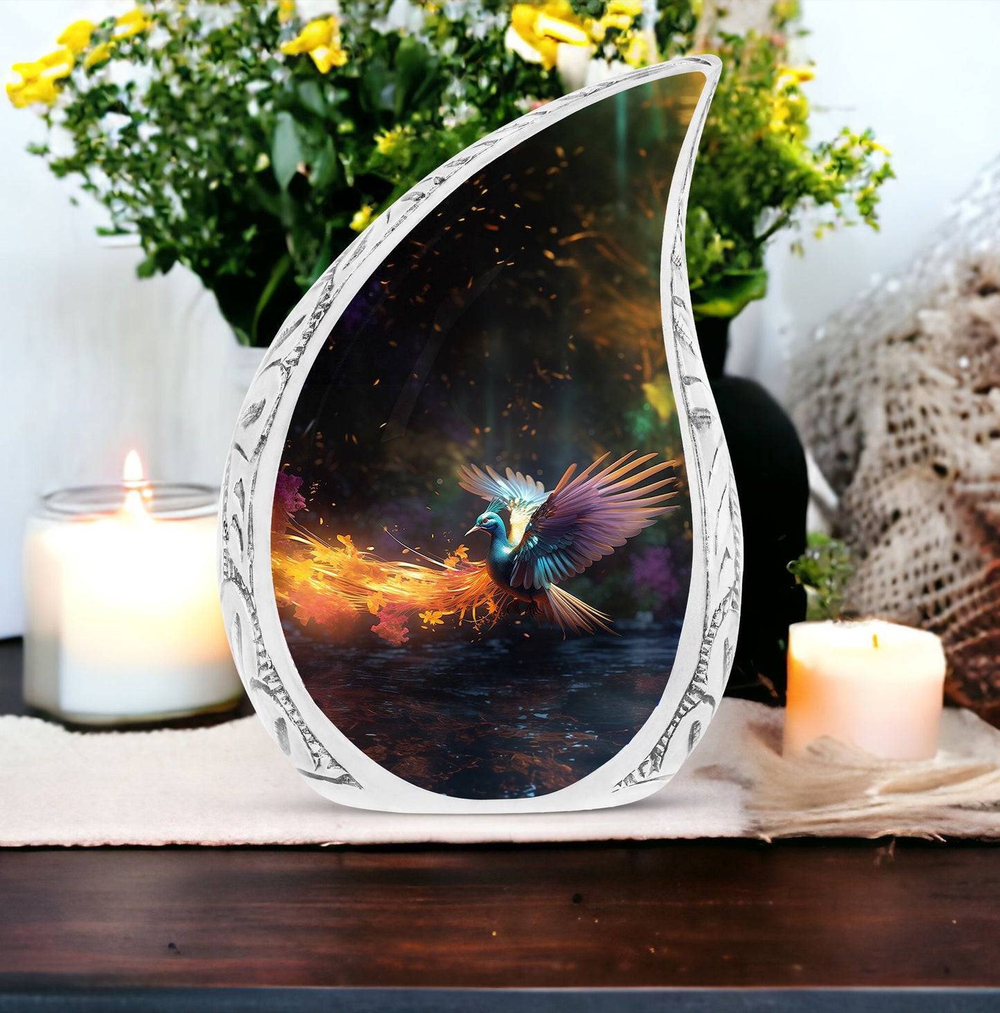 Large, custom swan urn, vibrantly colored, apt for adult ashes burial