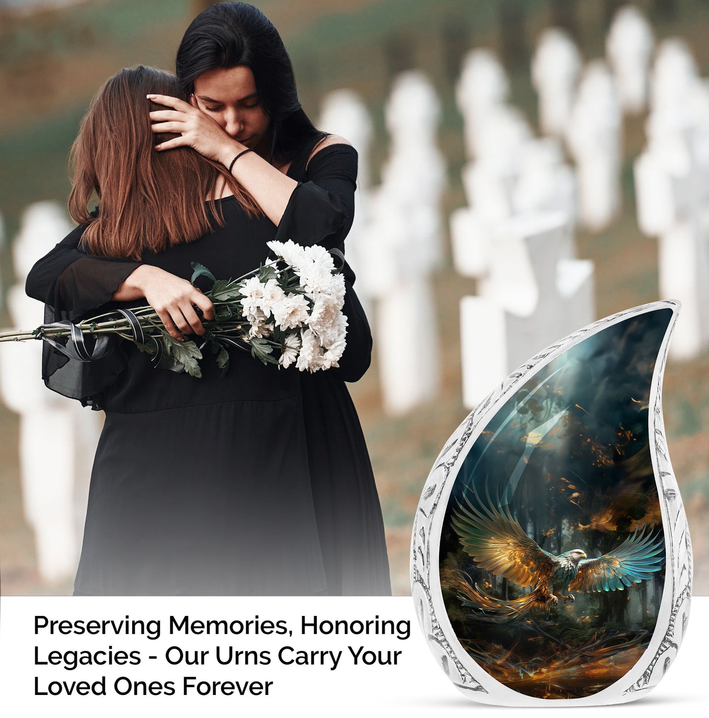 Eagle urn spreading wings amidst flames, large urns for adult ashes