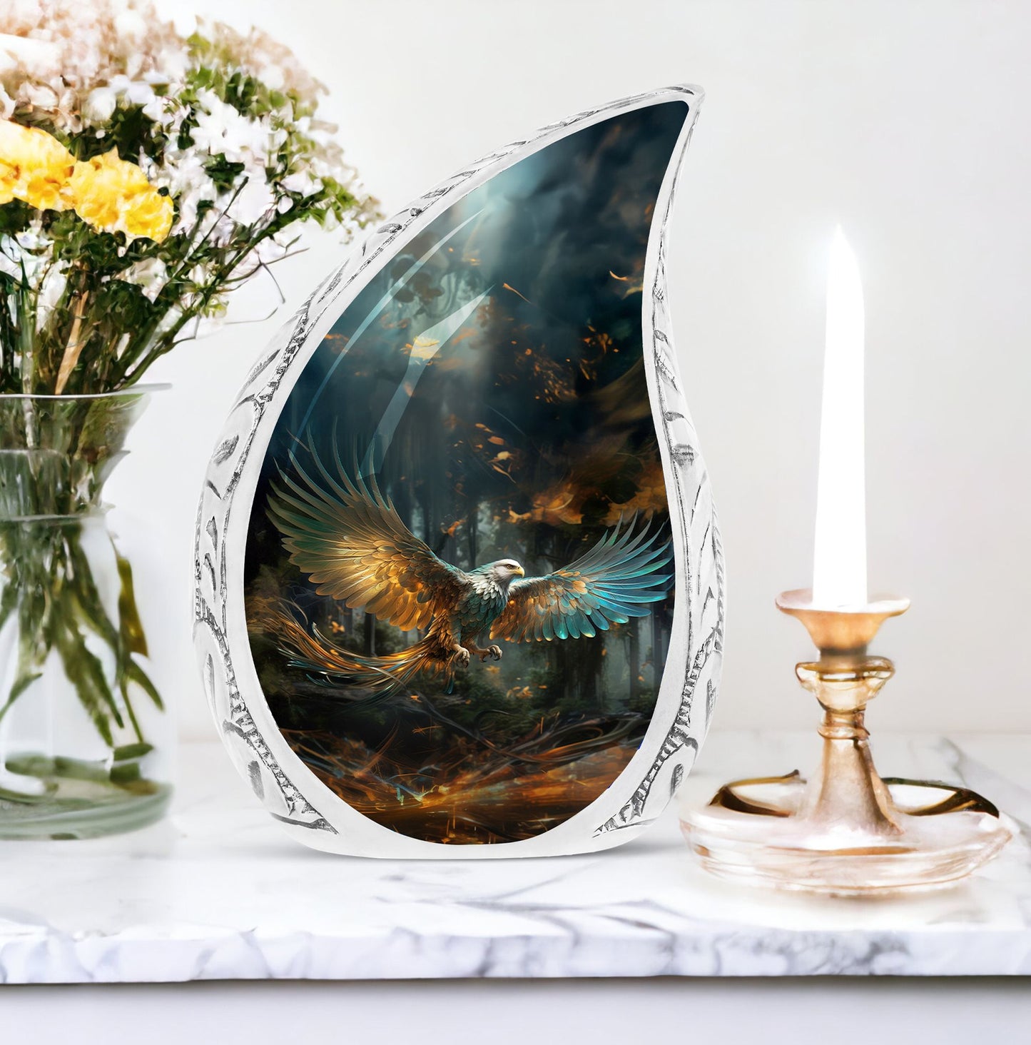 Eagle urn spreading wings amidst flames, large urns for adult ashes