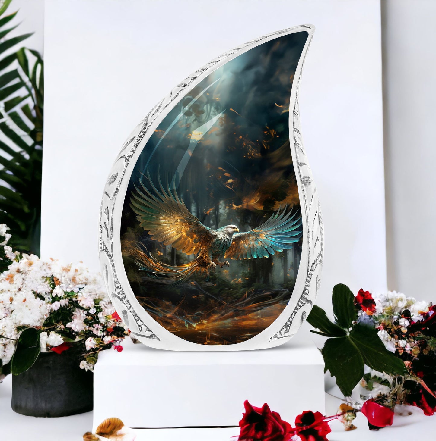 Eagle urn spreading wings amidst flames, large urns for adult ashes