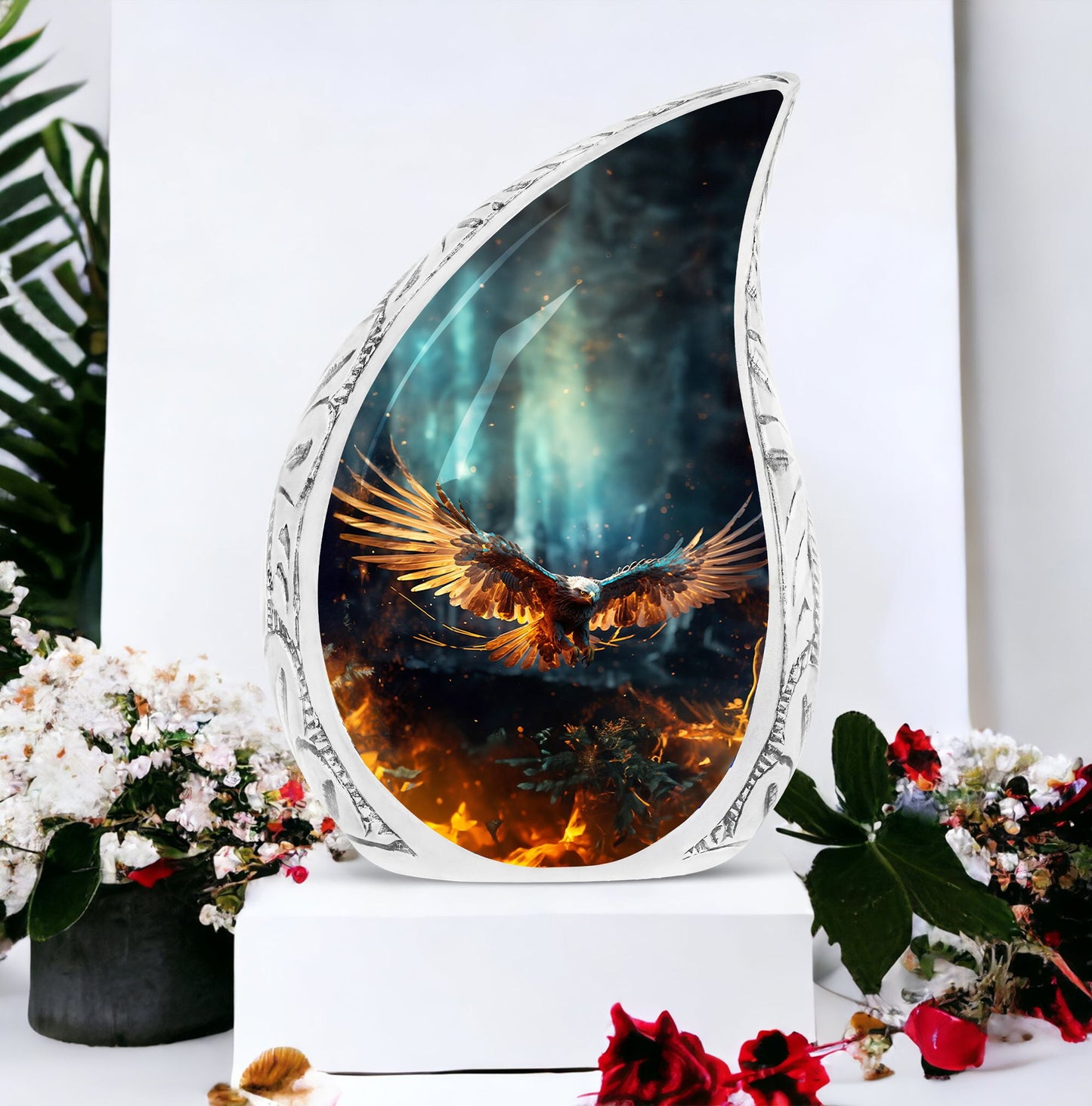 Large Eagle Fiy In Fire urn for ashes, ideal metal cremation urn for dad
