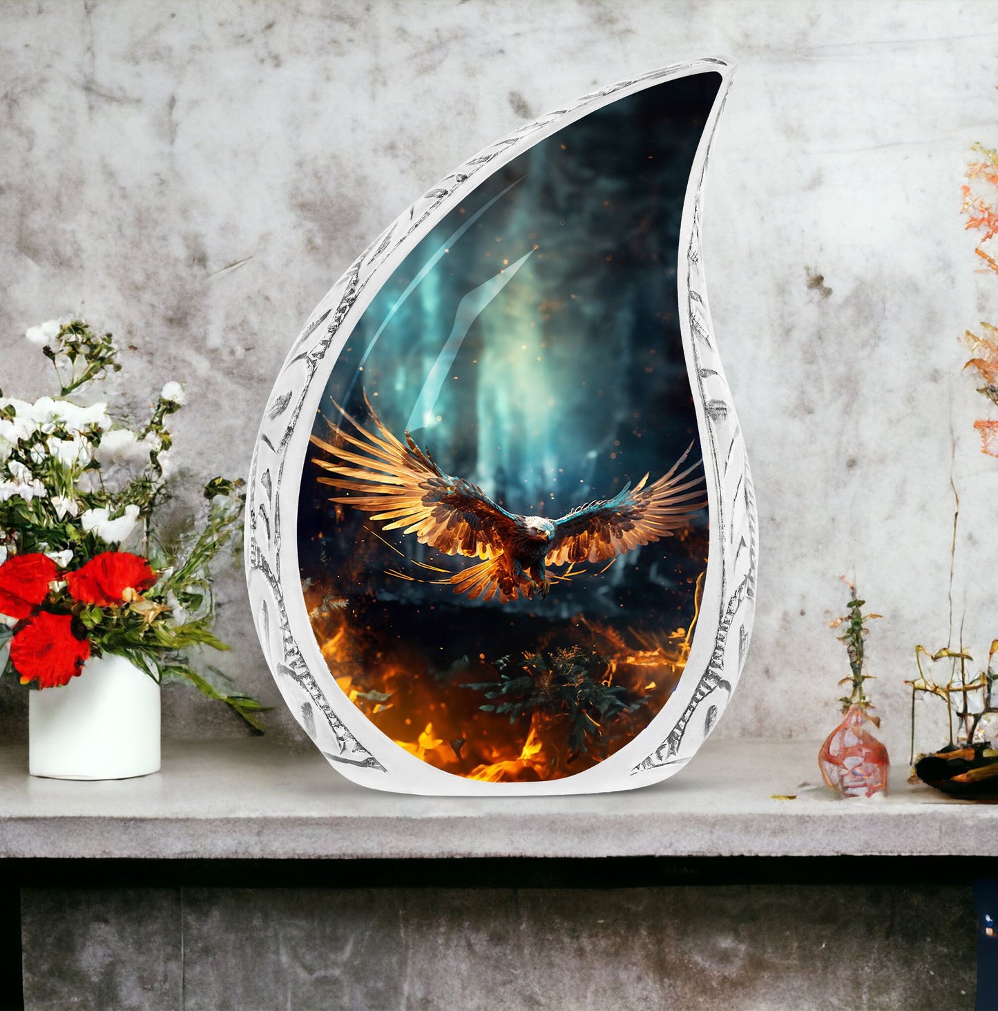 Large Eagle Fiy In Fire urn for ashes, ideal metal cremation urn for dad