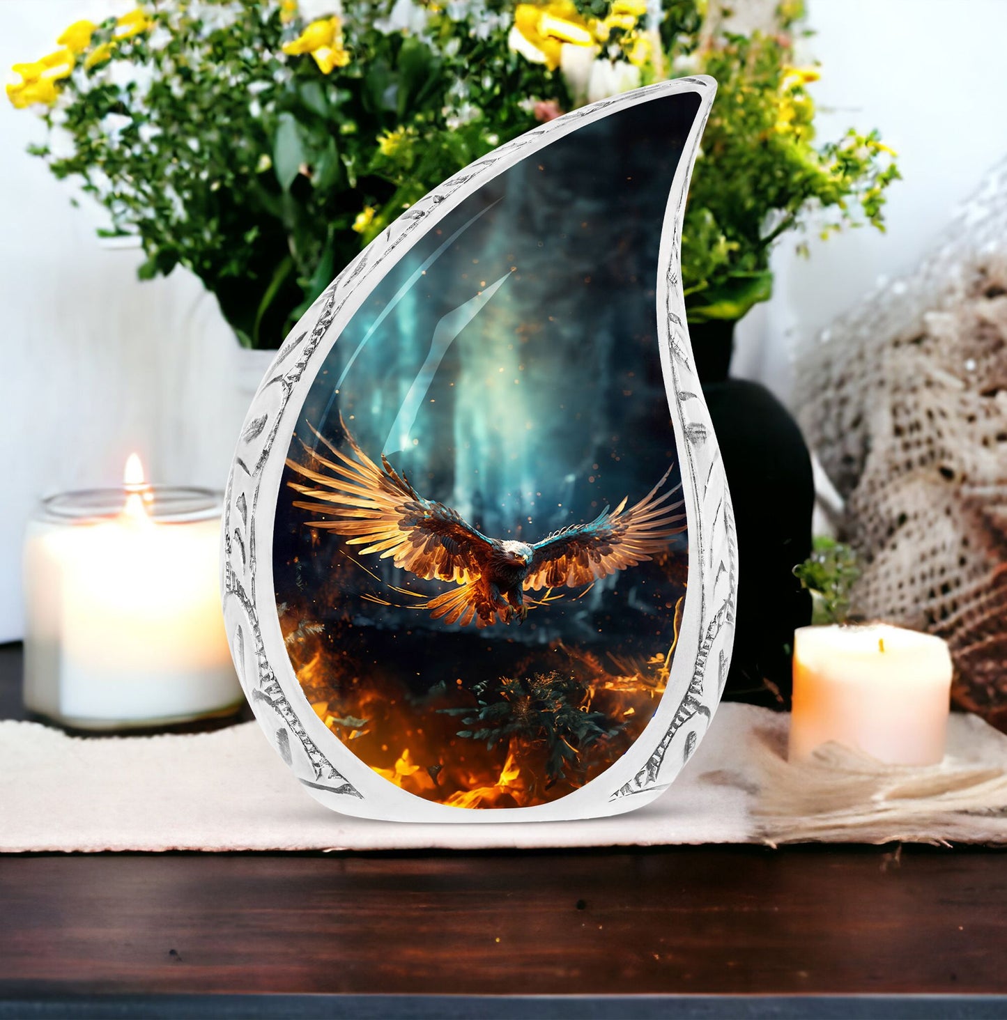 Large Eagle Fiy In Fire urn for ashes, ideal metal cremation urn for dad