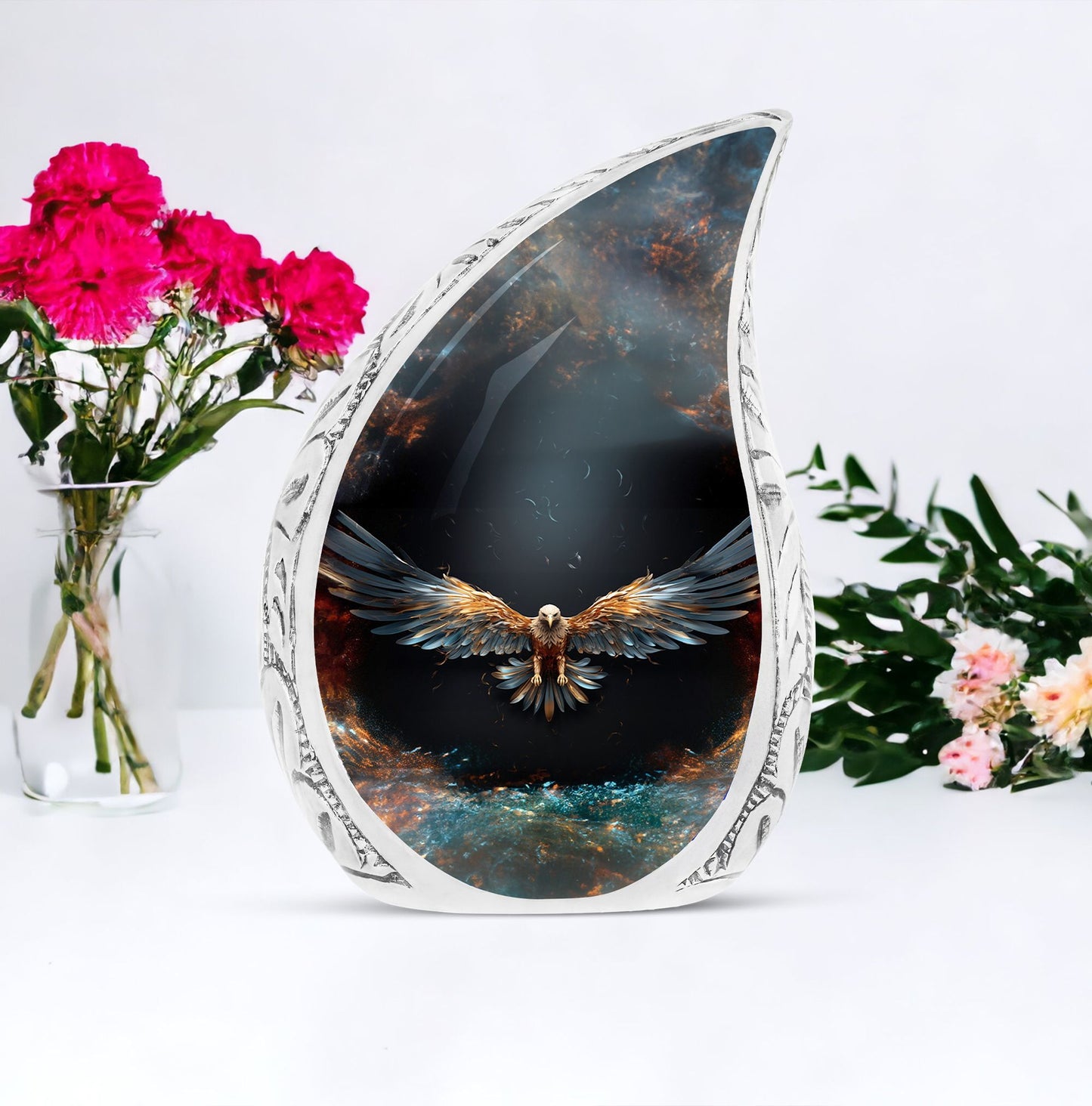 Large urn for adult male with motif of eagle spreading wings on dark background, suitable for human ashes