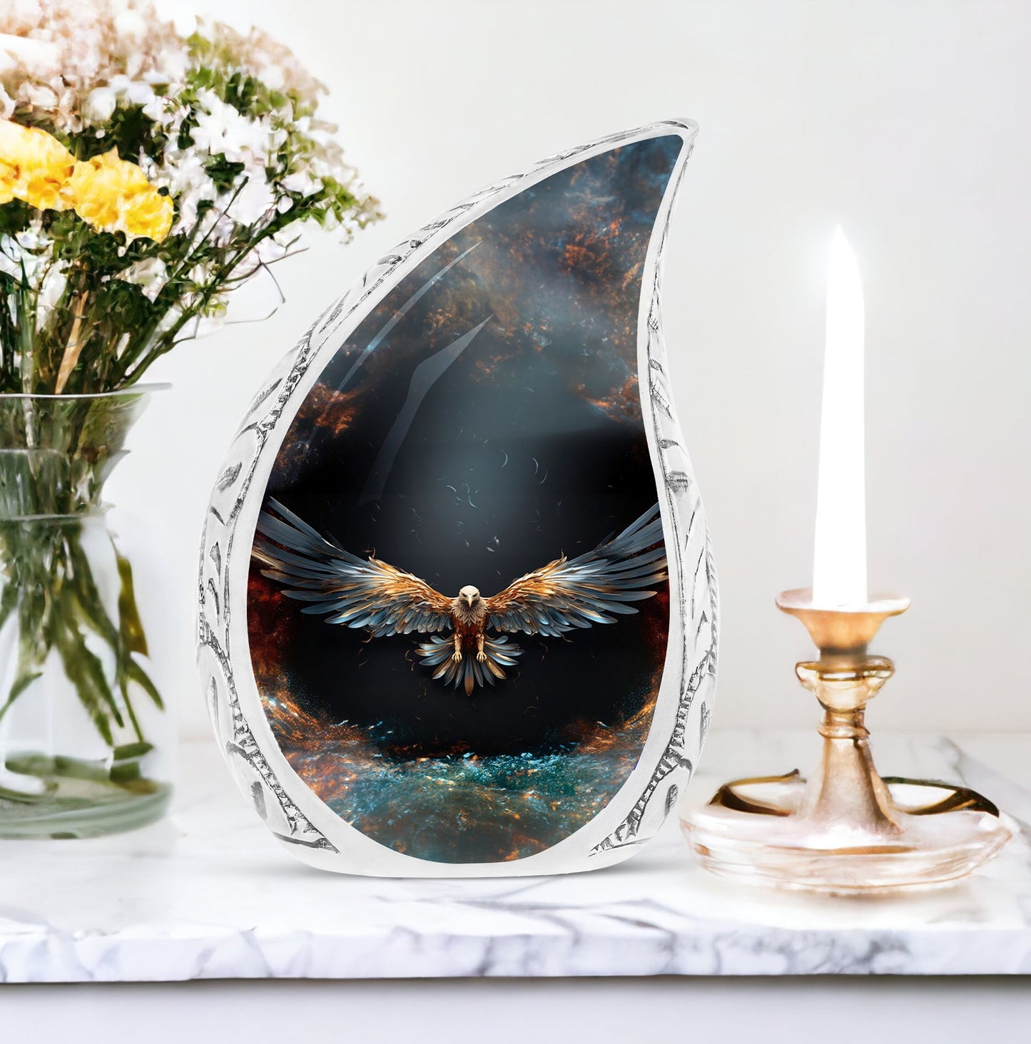Large urn for adult male with motif of eagle spreading wings on dark background, suitable for human ashes