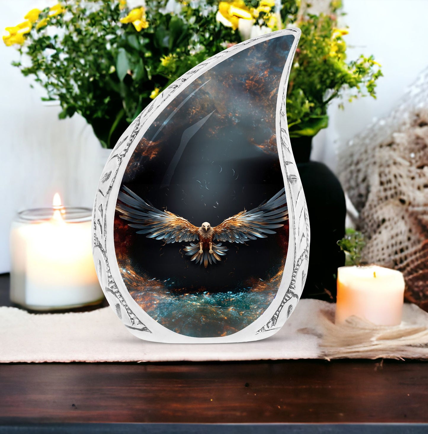 Large urn for adult male with motif of eagle spreading wings on dark background, suitable for human ashes