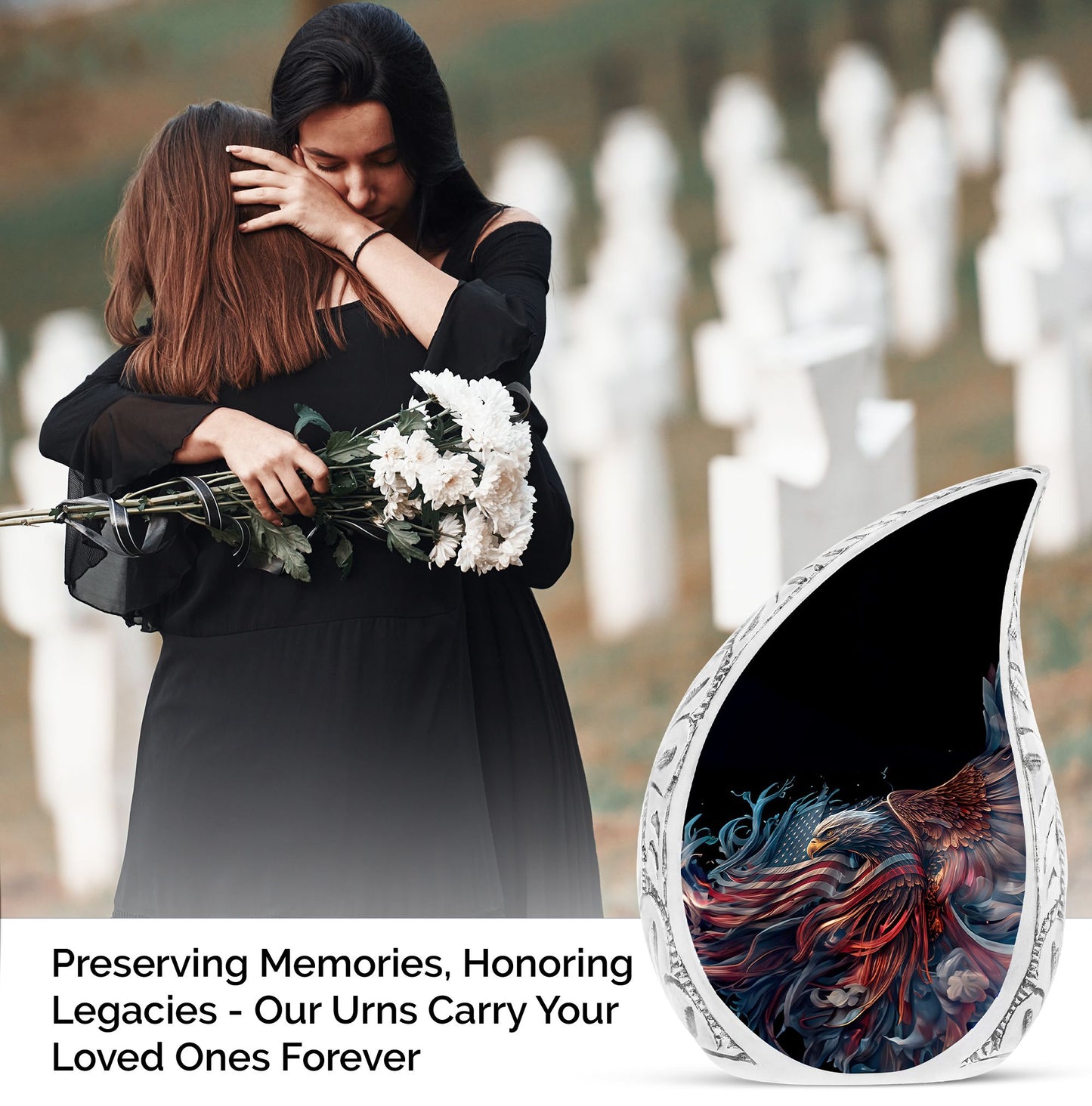 Large metal urn featuring an illustration of an eagle with an American flag, designed to hold human ashes