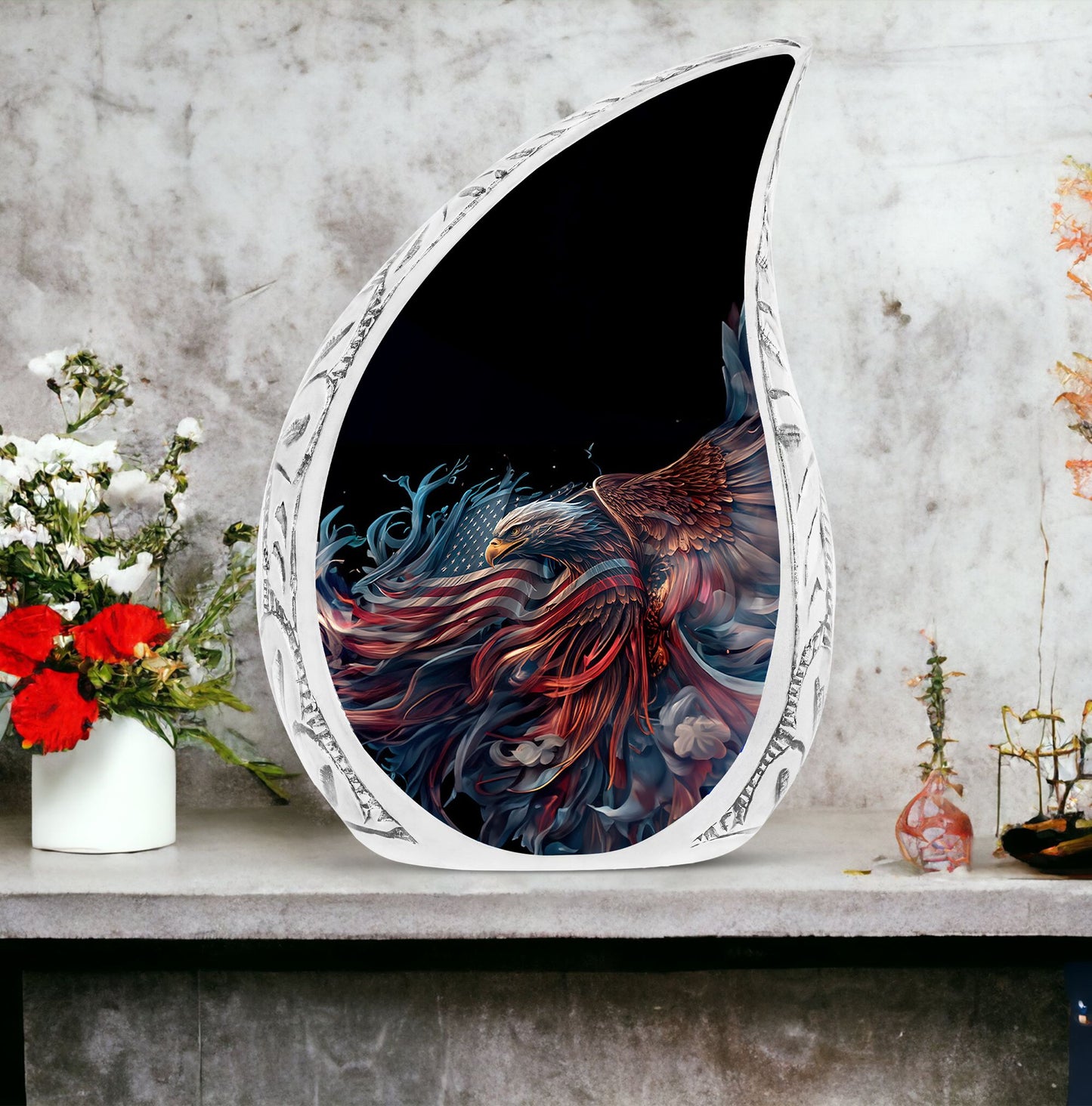 Large metal urn featuring an illustration of an eagle with an American flag, designed to hold human ashes