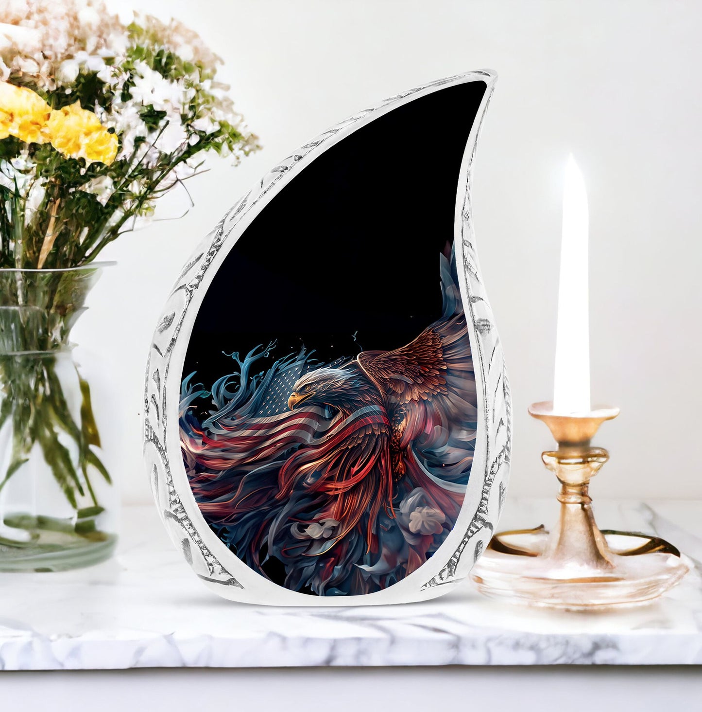 Large metal urn featuring an illustration of an eagle with an American flag, designed to hold human ashes