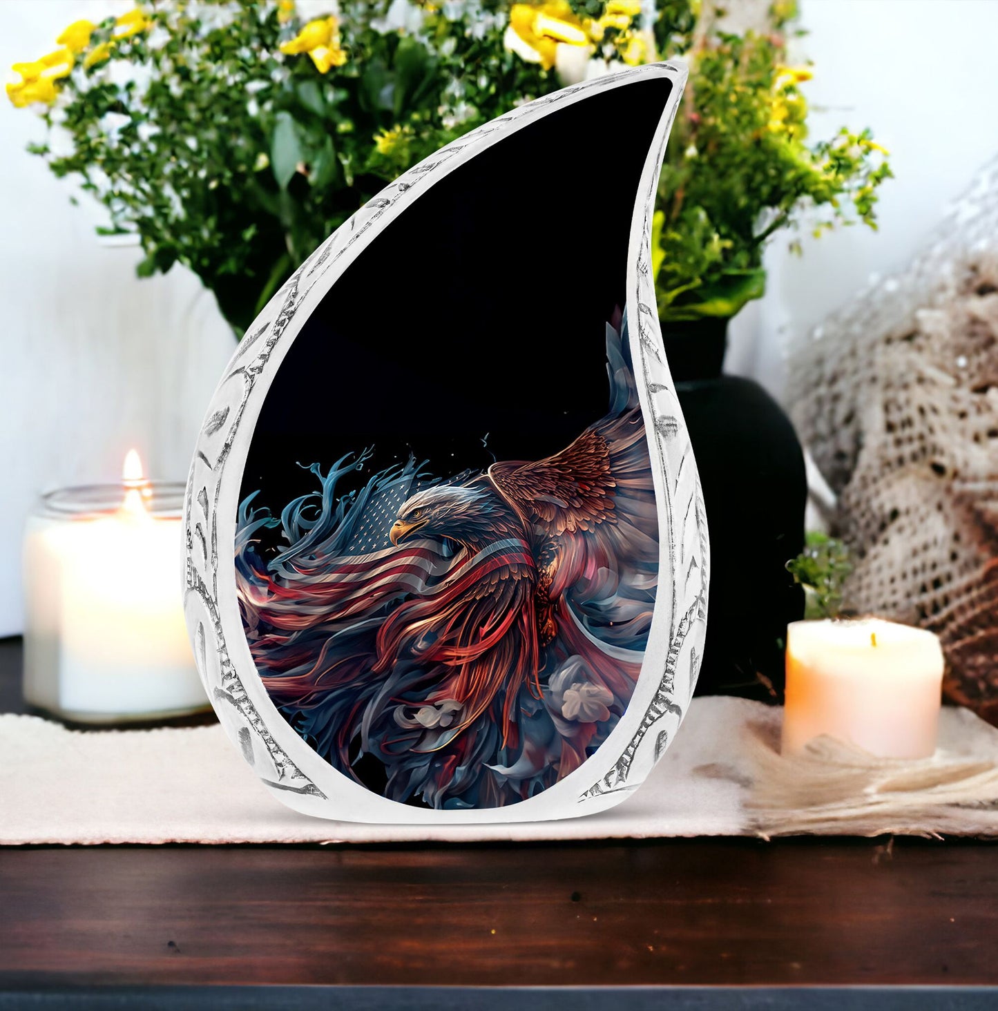 Large metal urn featuring an illustration of an eagle with an American flag, designed to hold human ashes