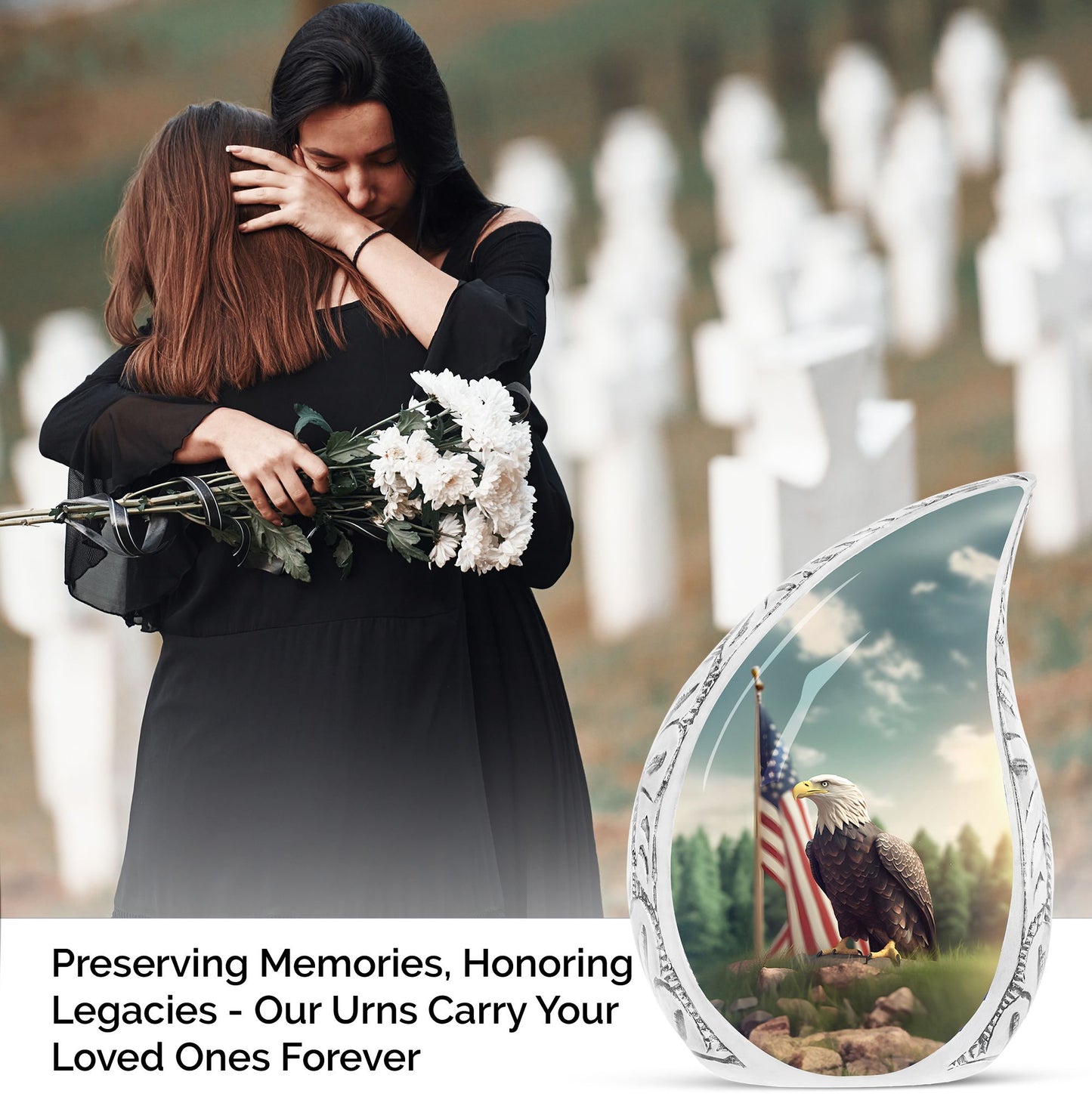 Large urn for human ashes depicting a striking eagle perched on a grassy hilltop