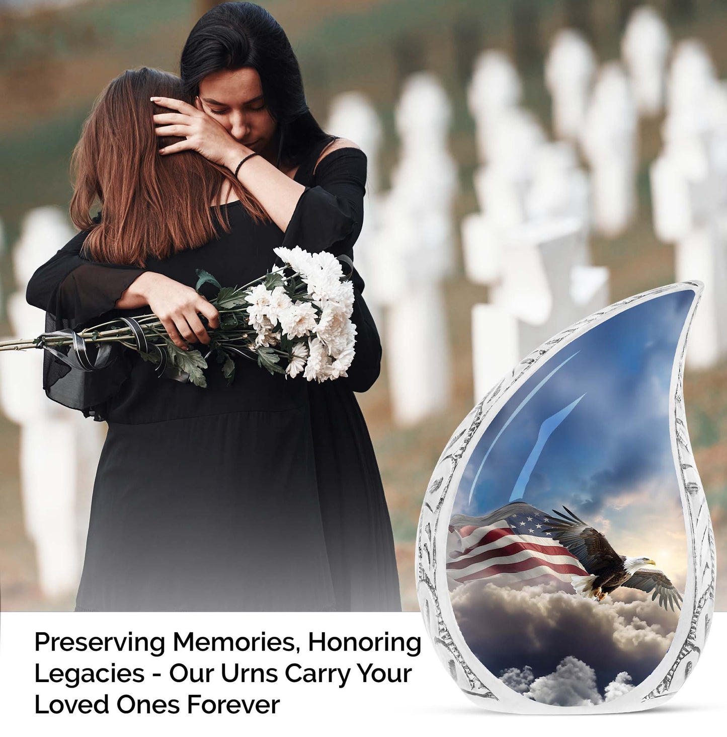 Large cremation urn with pictorial depiction of an eagle flying amidst clouds towards a flag, perfect for memorials