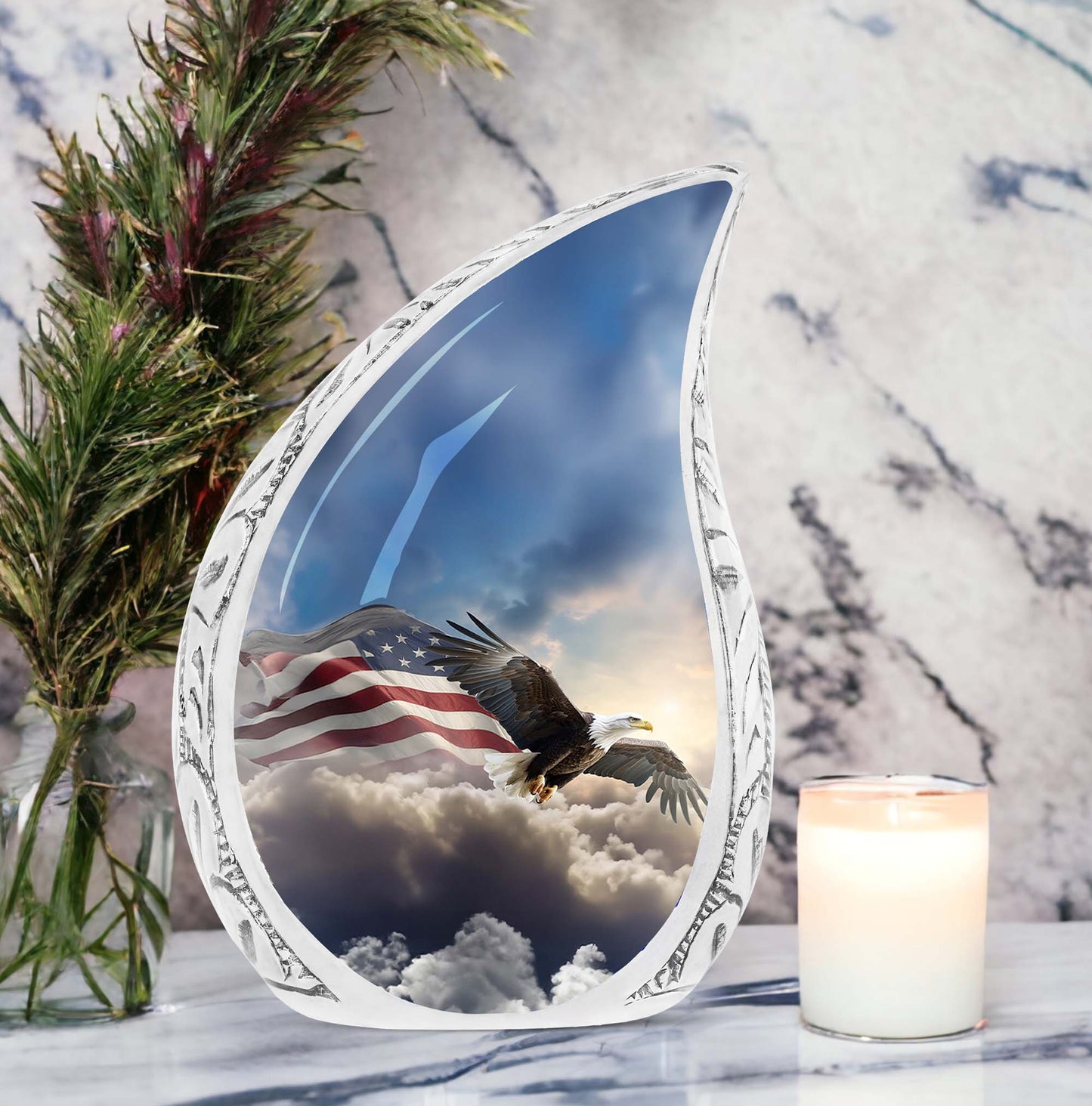Large cremation urn with pictorial depiction of an eagle flying amidst clouds towards a flag, perfect for memorials