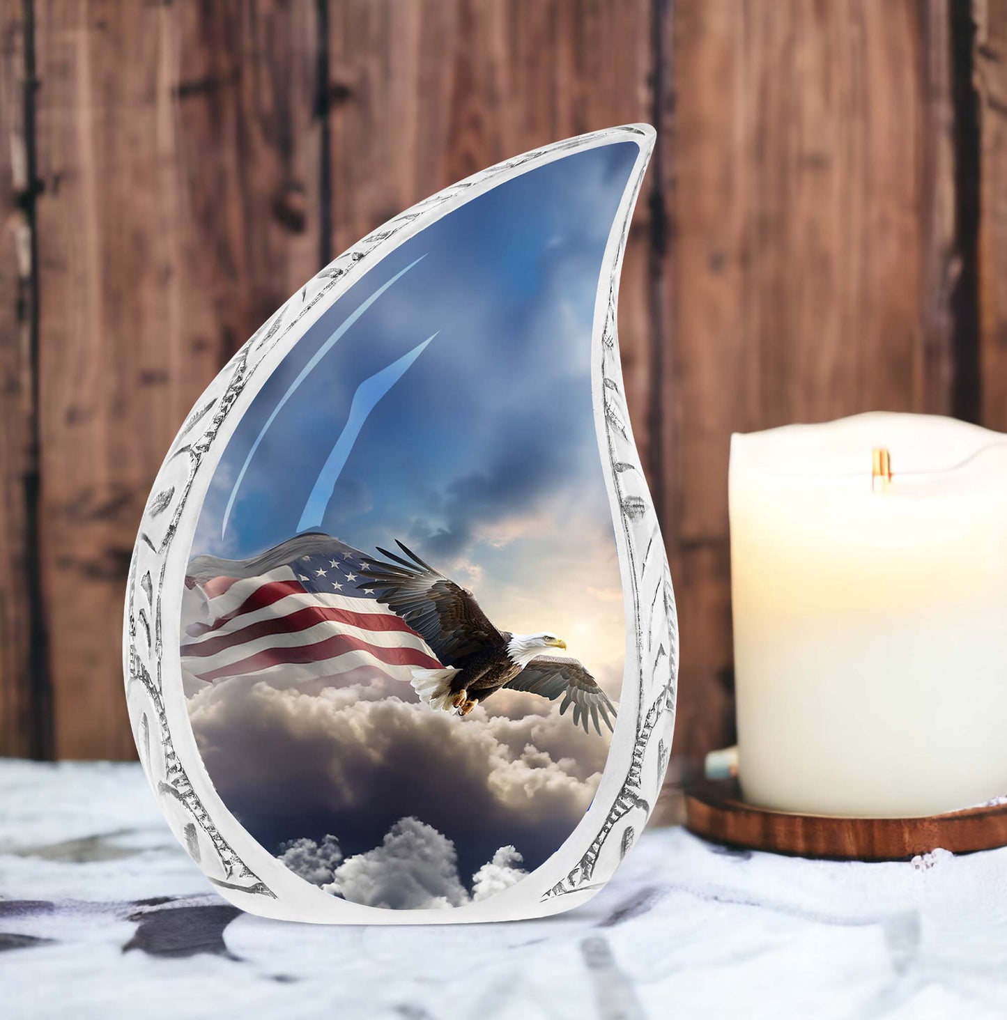 Large cremation urn with pictorial depiction of an eagle flying amidst clouds towards a flag, perfect for memorials