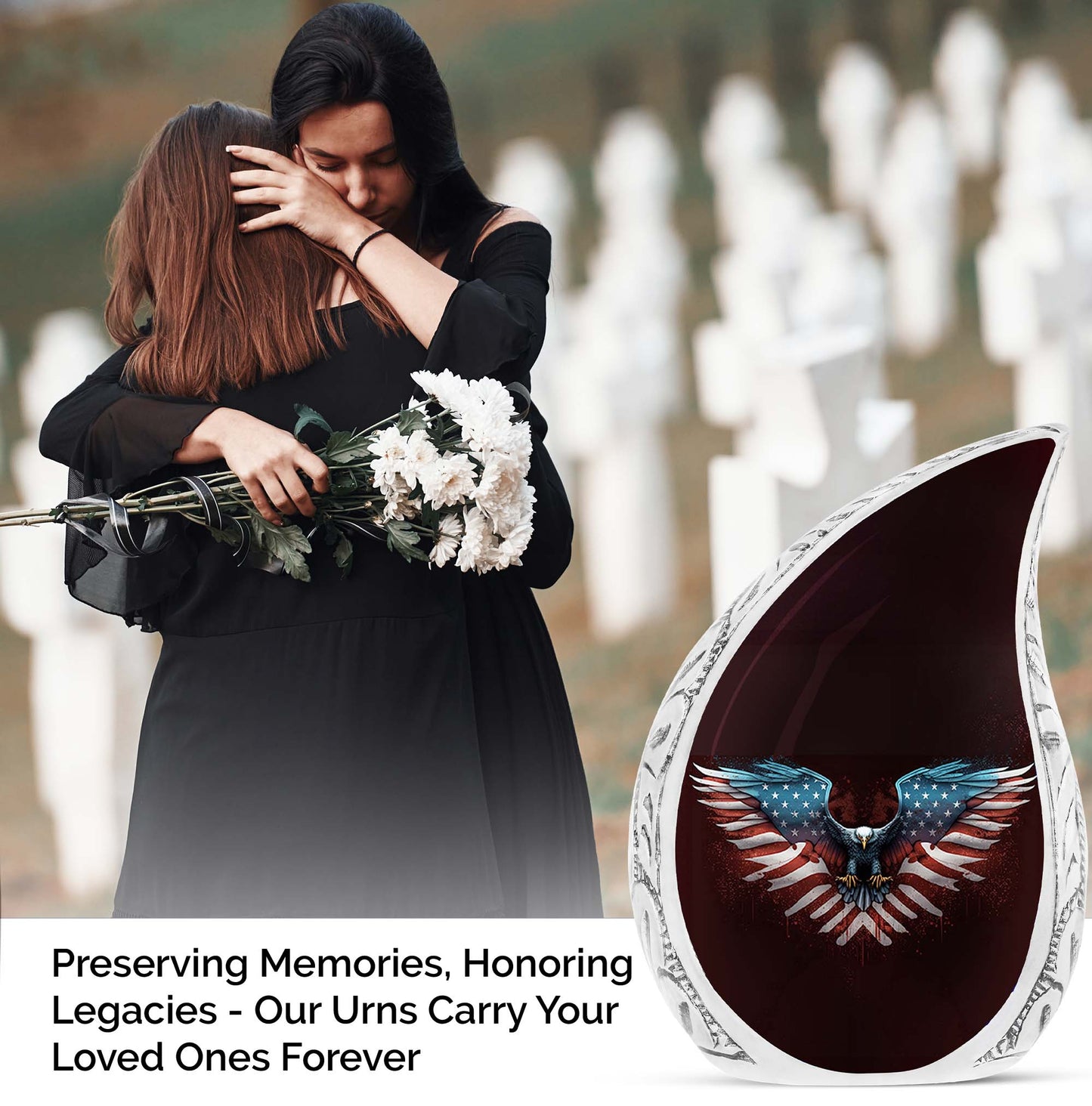 Large American Eagle urn for storing human ashes, ideal for preserving remains of an adult female