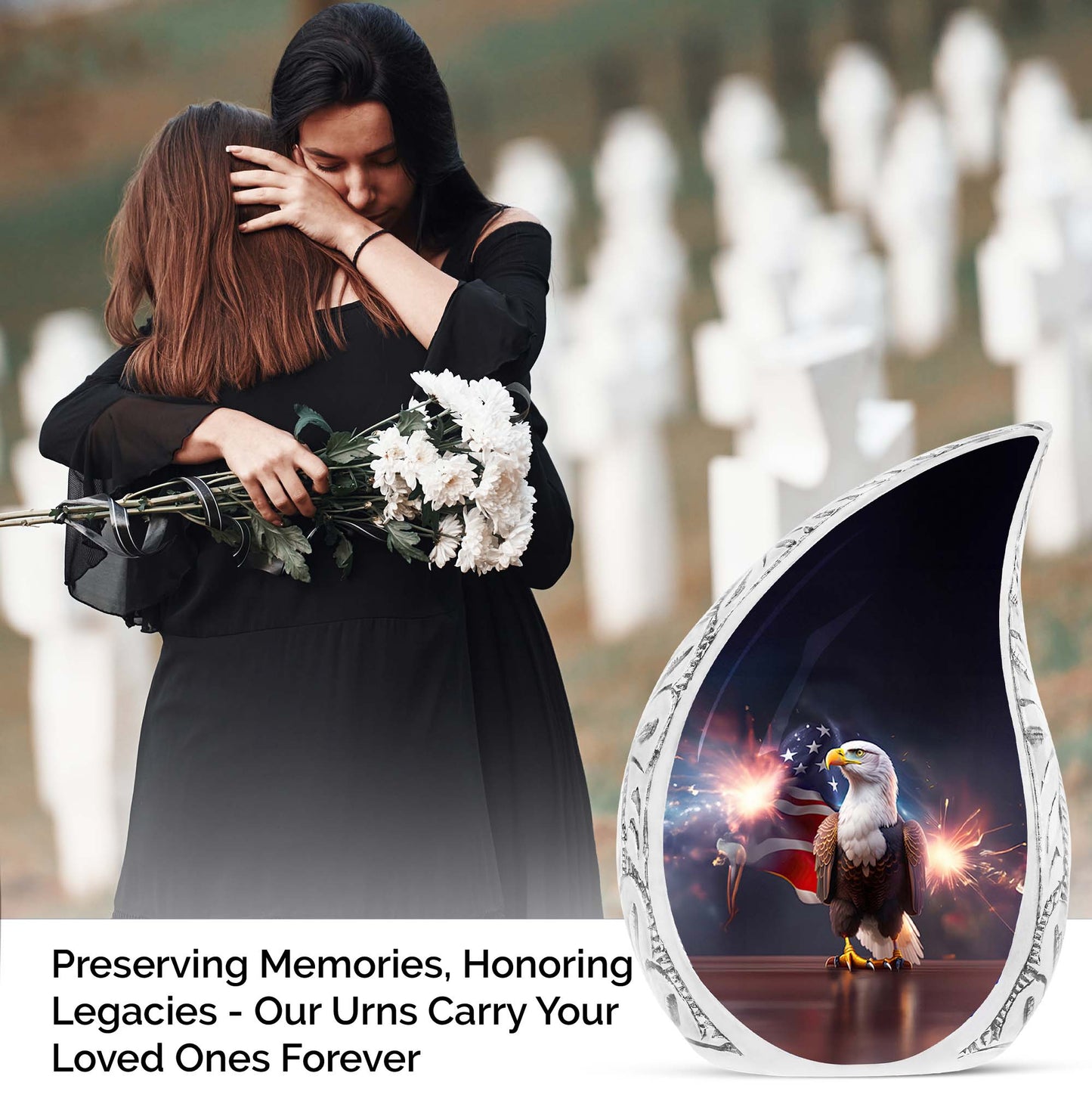 Large Eagle Urn with Fireworks design for adult ashes, a unique funeral decoration