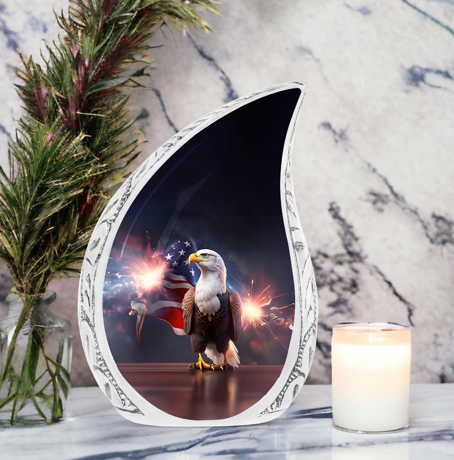 Large Eagle Urn with Fireworks design for adult ashes, a unique funeral decoration