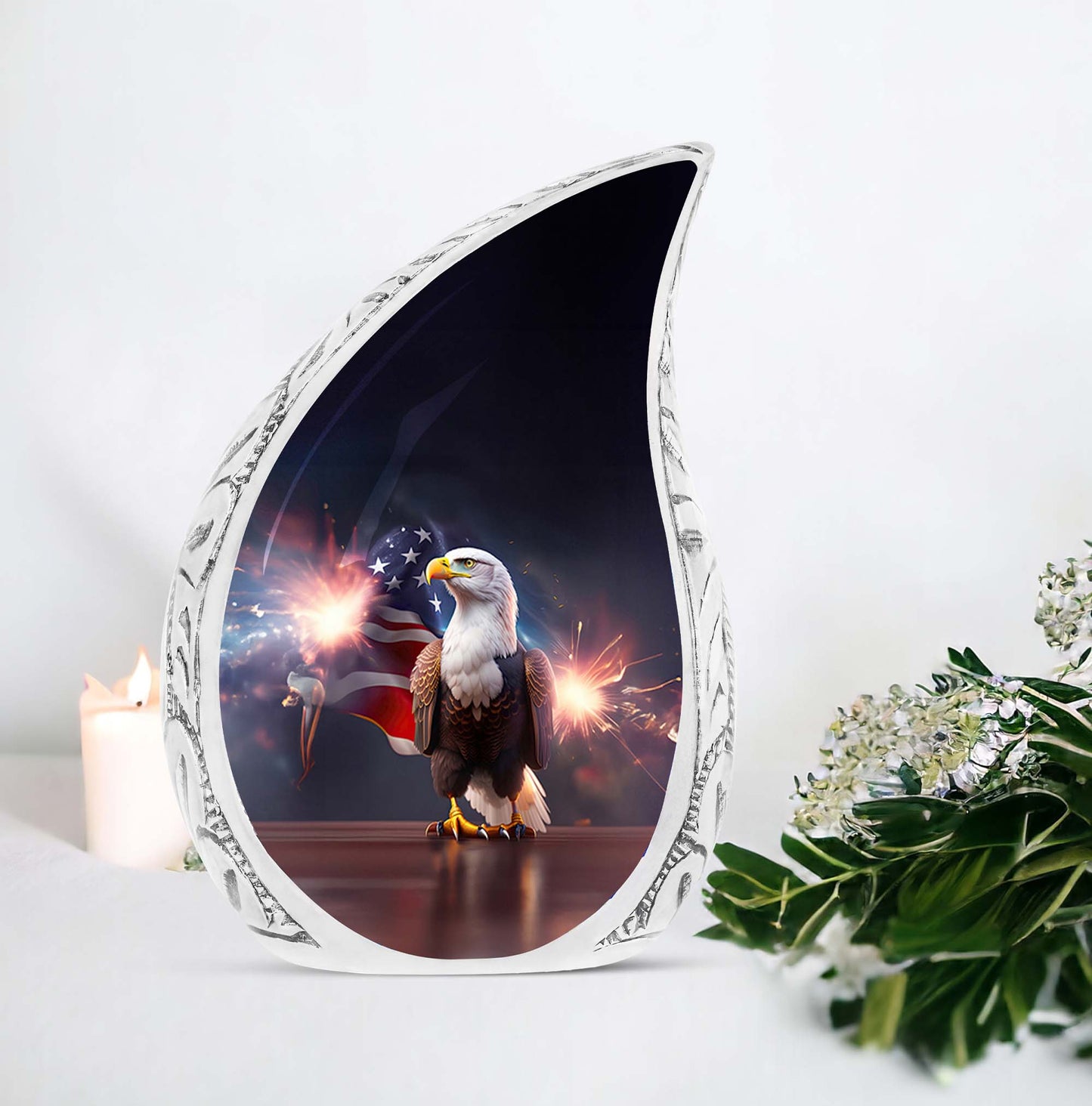 Large Eagle Urn with Fireworks design for adult ashes, a unique funeral decoration