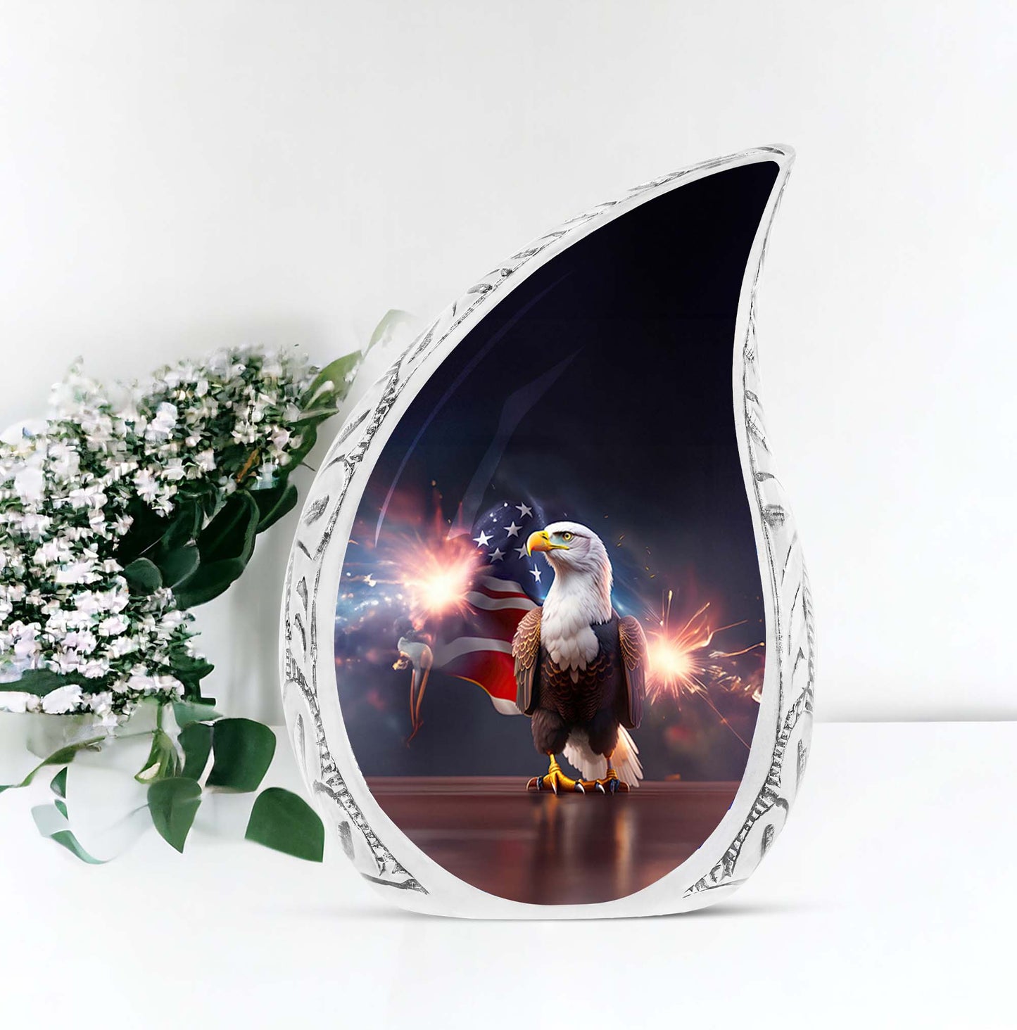 Large Eagle Urn with Fireworks design for adult ashes, a unique funeral decoration