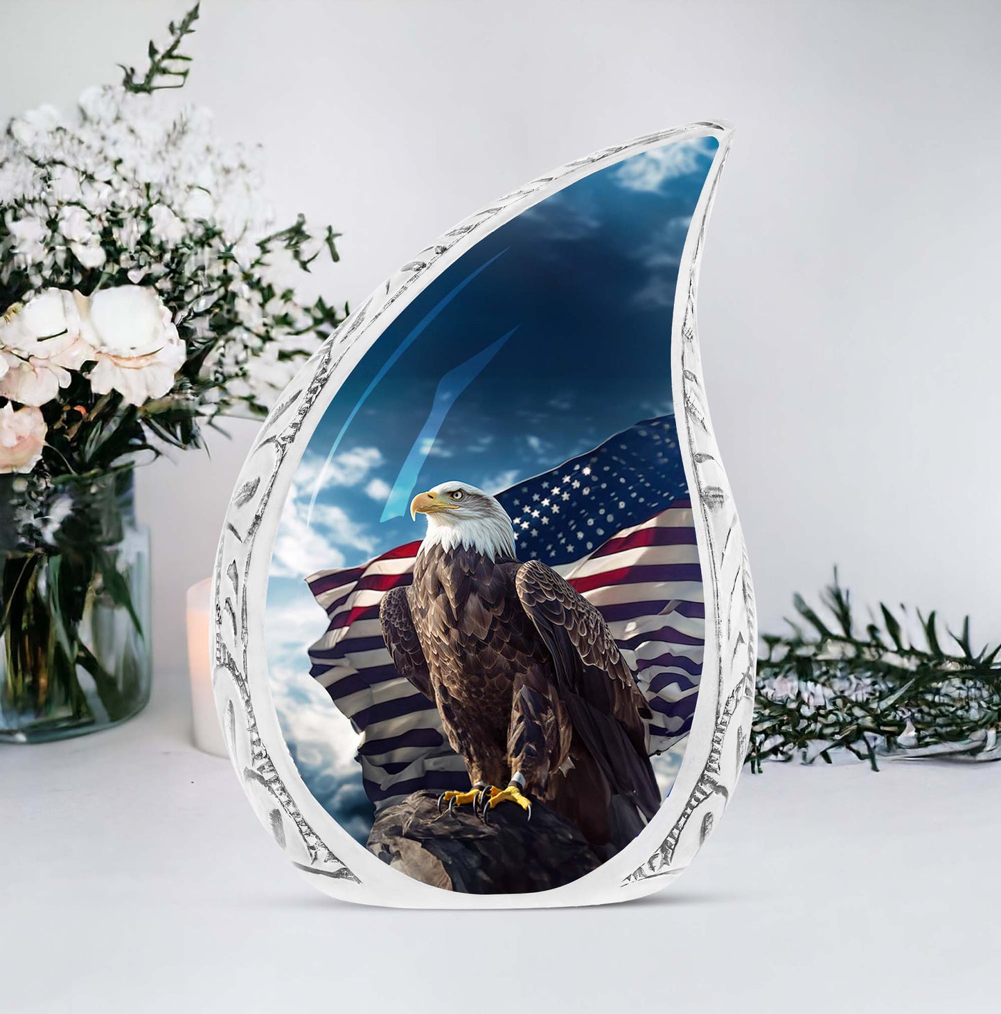 Large Eagle urn with American flag design, ideal for cremation ashes, unique and plain style for men