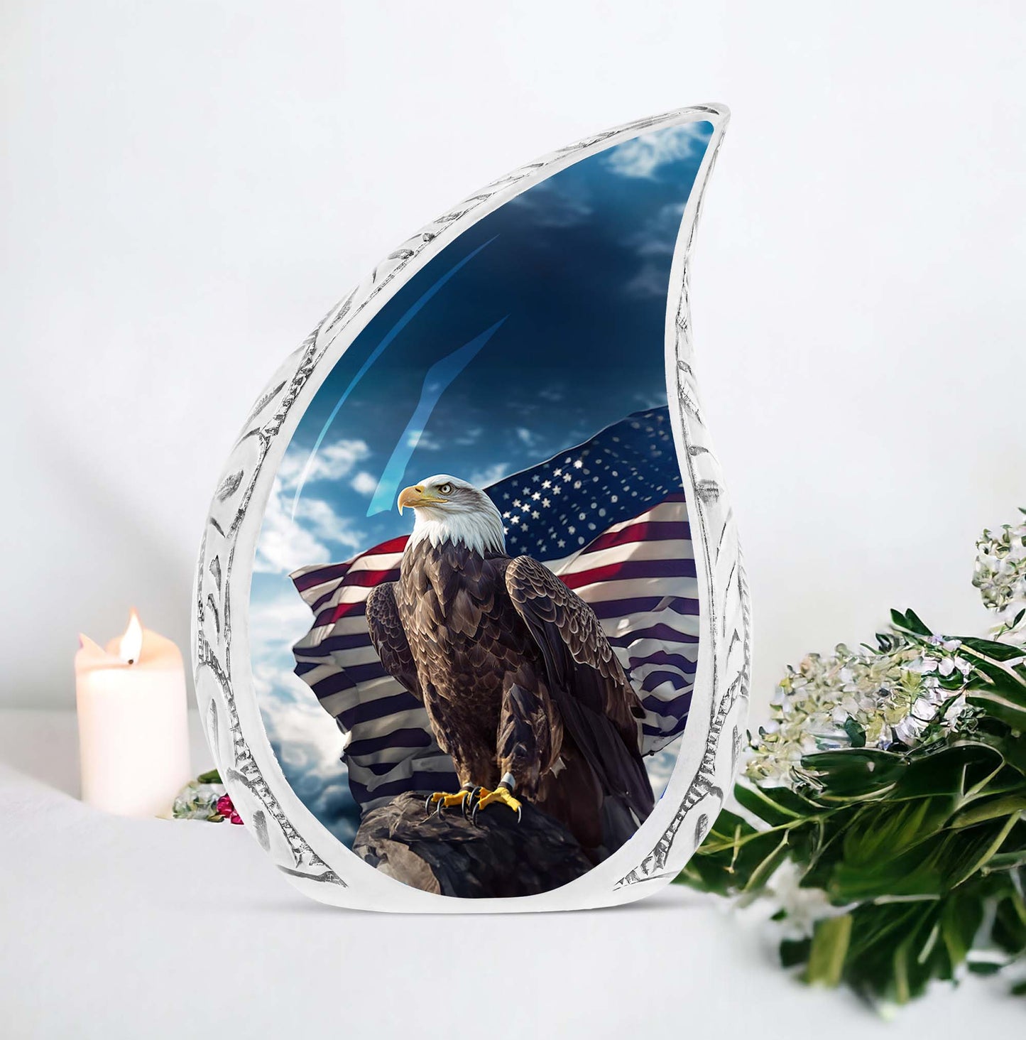 Large Eagle urn with American flag design, ideal for cremation ashes, unique and plain style for men