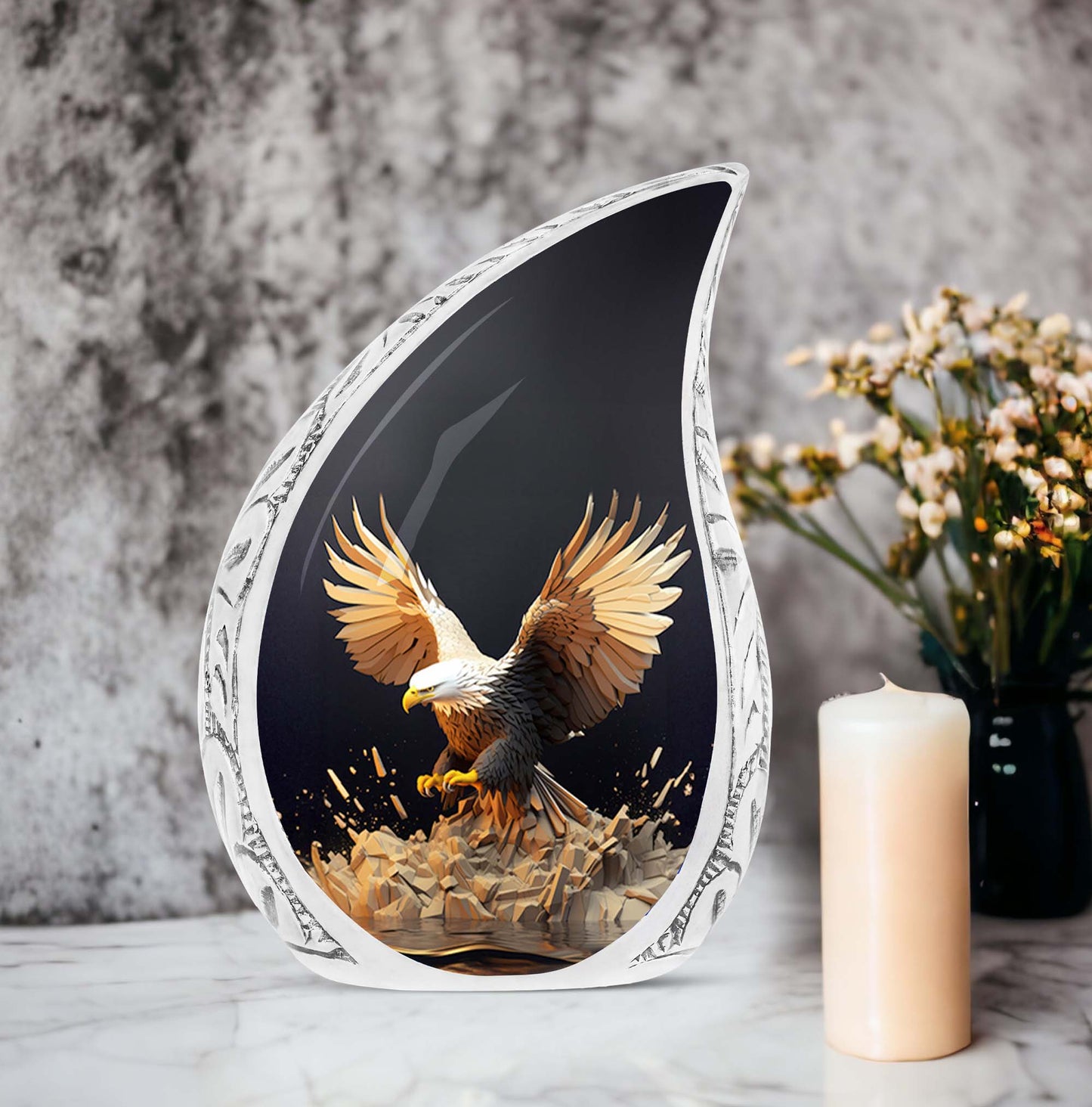 Majestic eagle cremation urn with wide open feathers, ideal for adult human ashes, suitable for women and funeral occasions.
