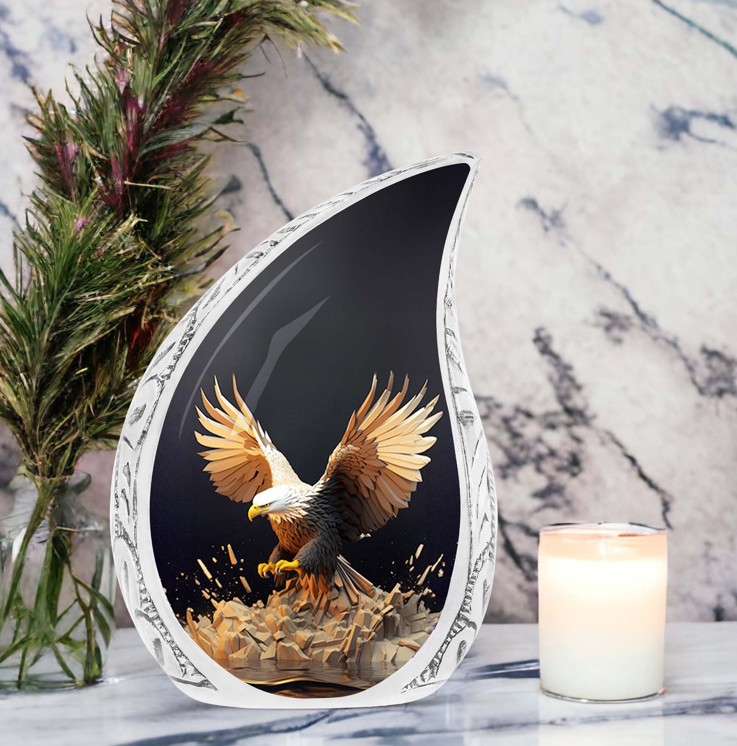 Majestic eagle cremation urn with wide open feathers, ideal for adult human ashes, suitable for women and funeral occasions.