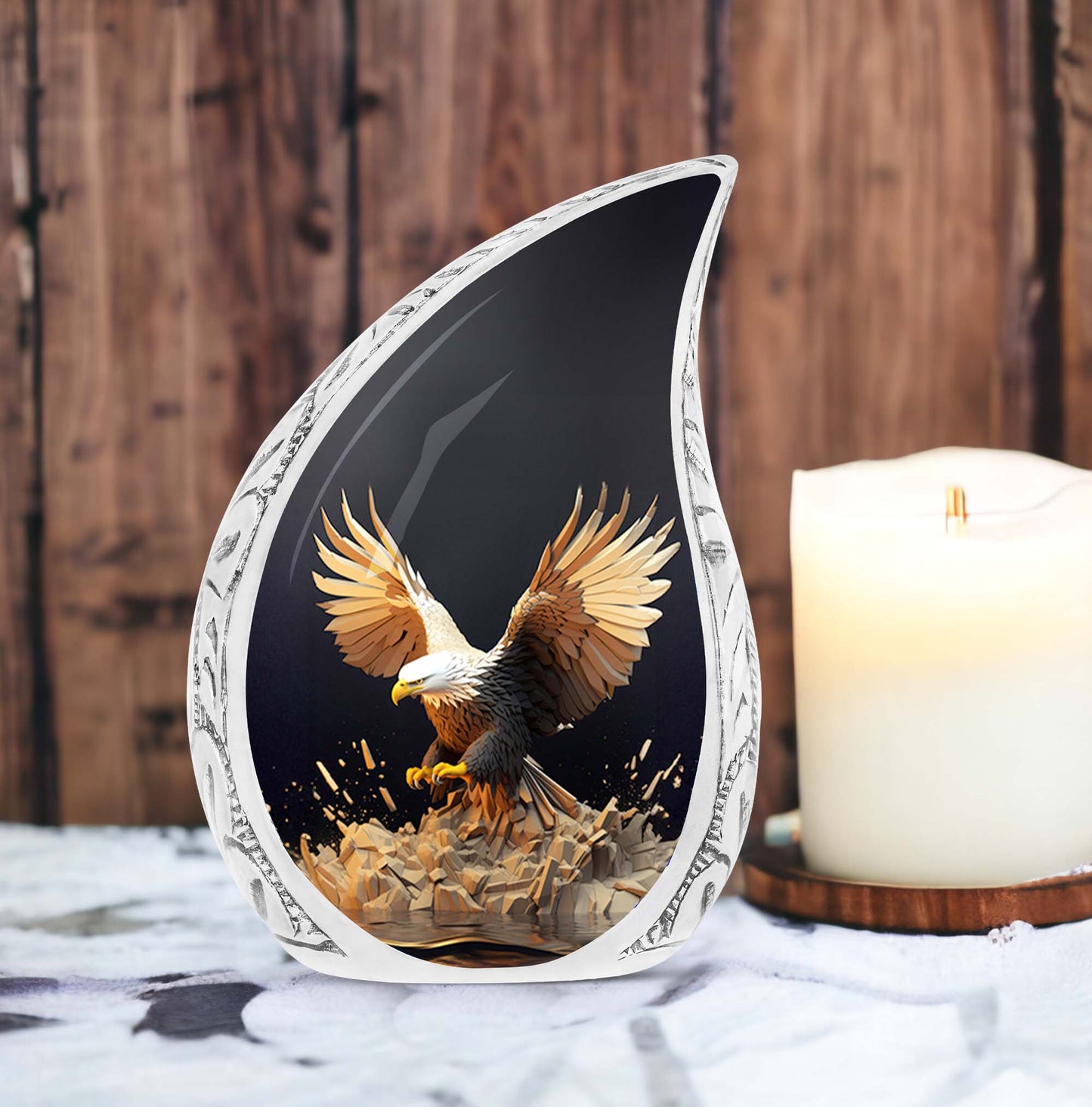 Majestic eagle cremation urn with wide open feathers, ideal for adult human ashes, suitable for women and funeral occasions.