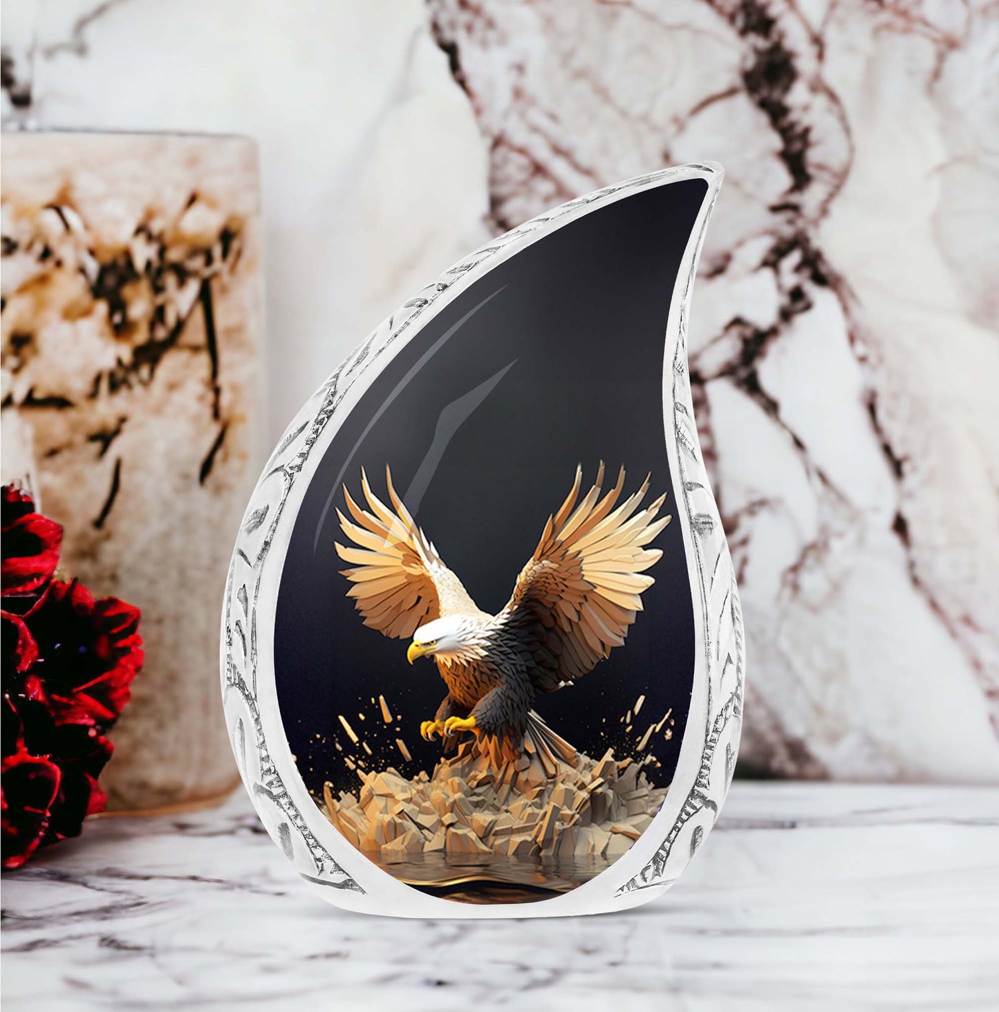 Majestic eagle cremation urn with wide open feathers, ideal for adult human ashes, suitable for women and funeral occasions.