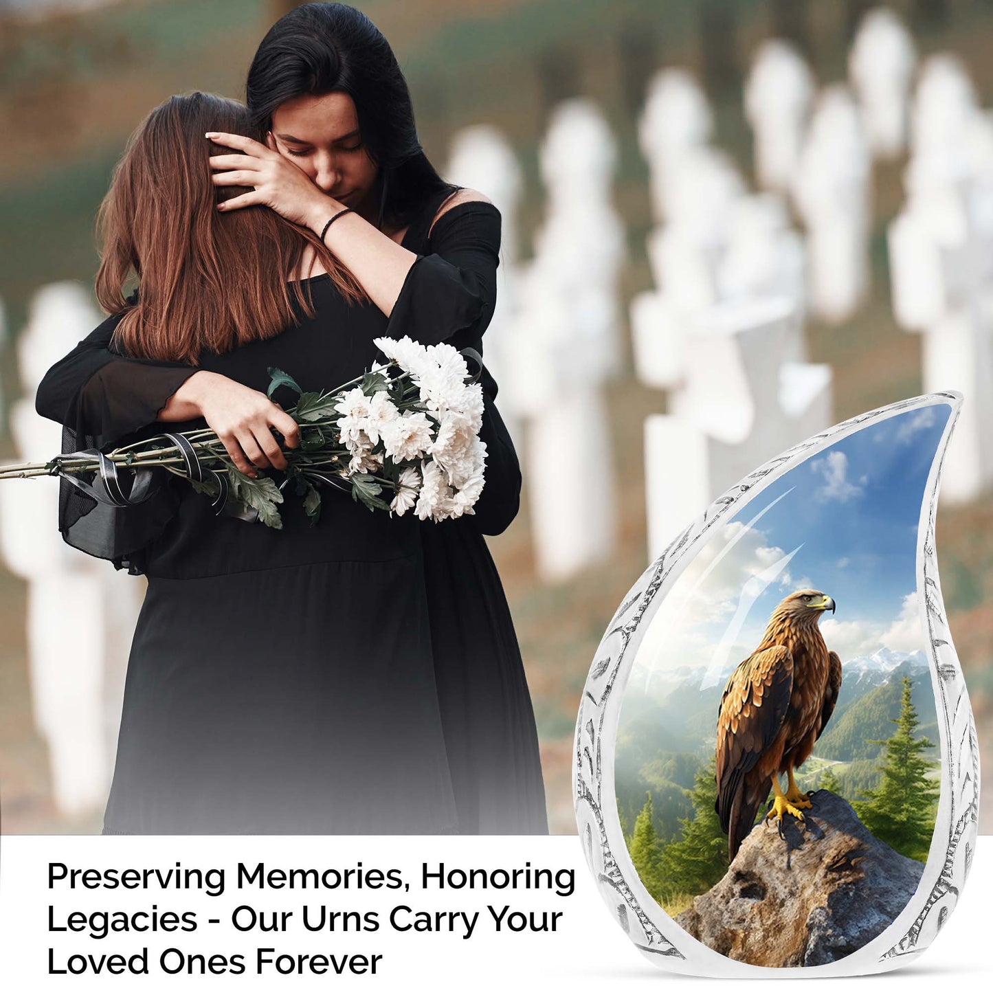 Portrait of an eagle perched on a large, stone urn designed for adult human ashes