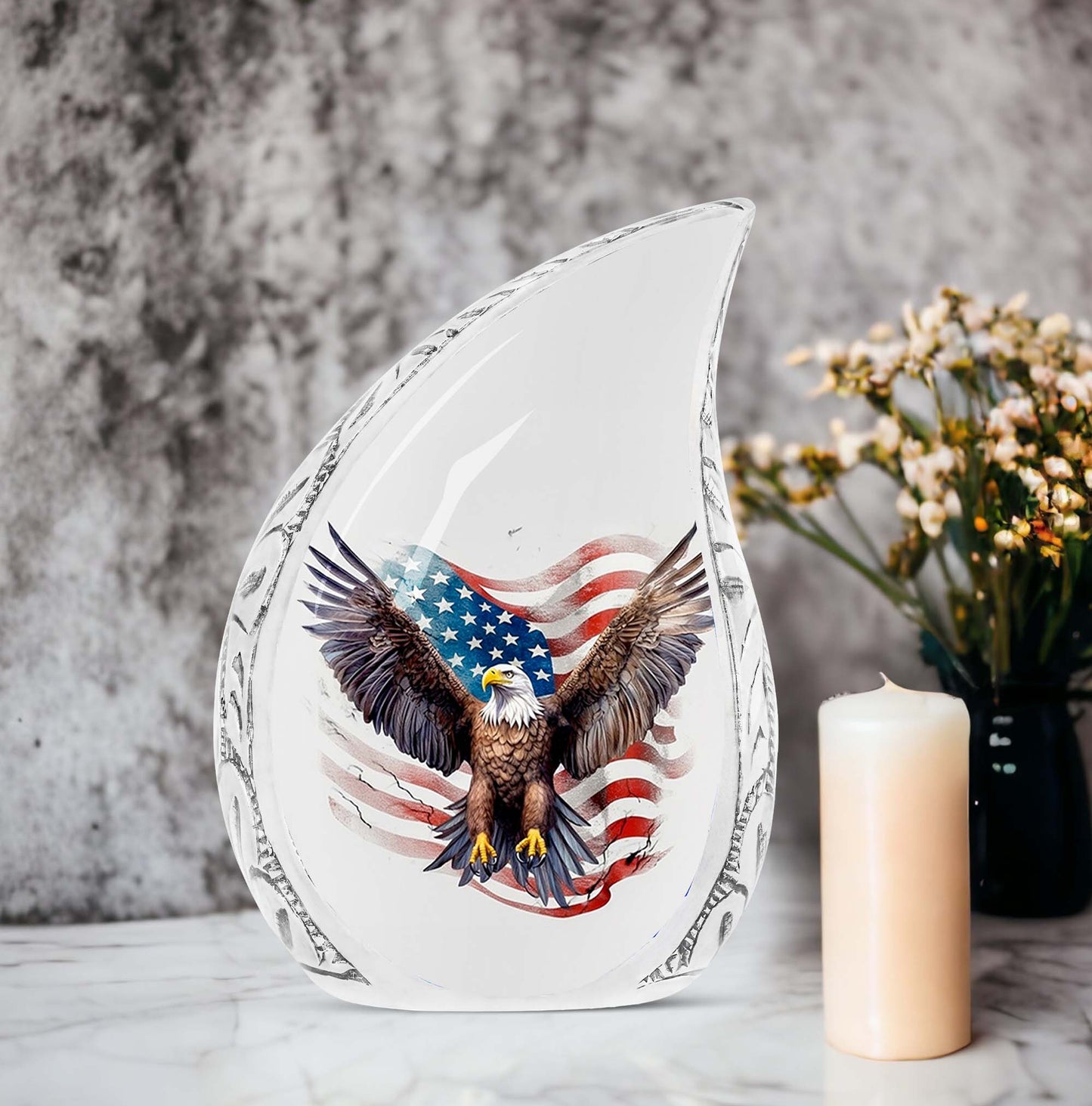 Elegant American flag-themed cremation urn featuring an eagle, suitable for adults' ashes