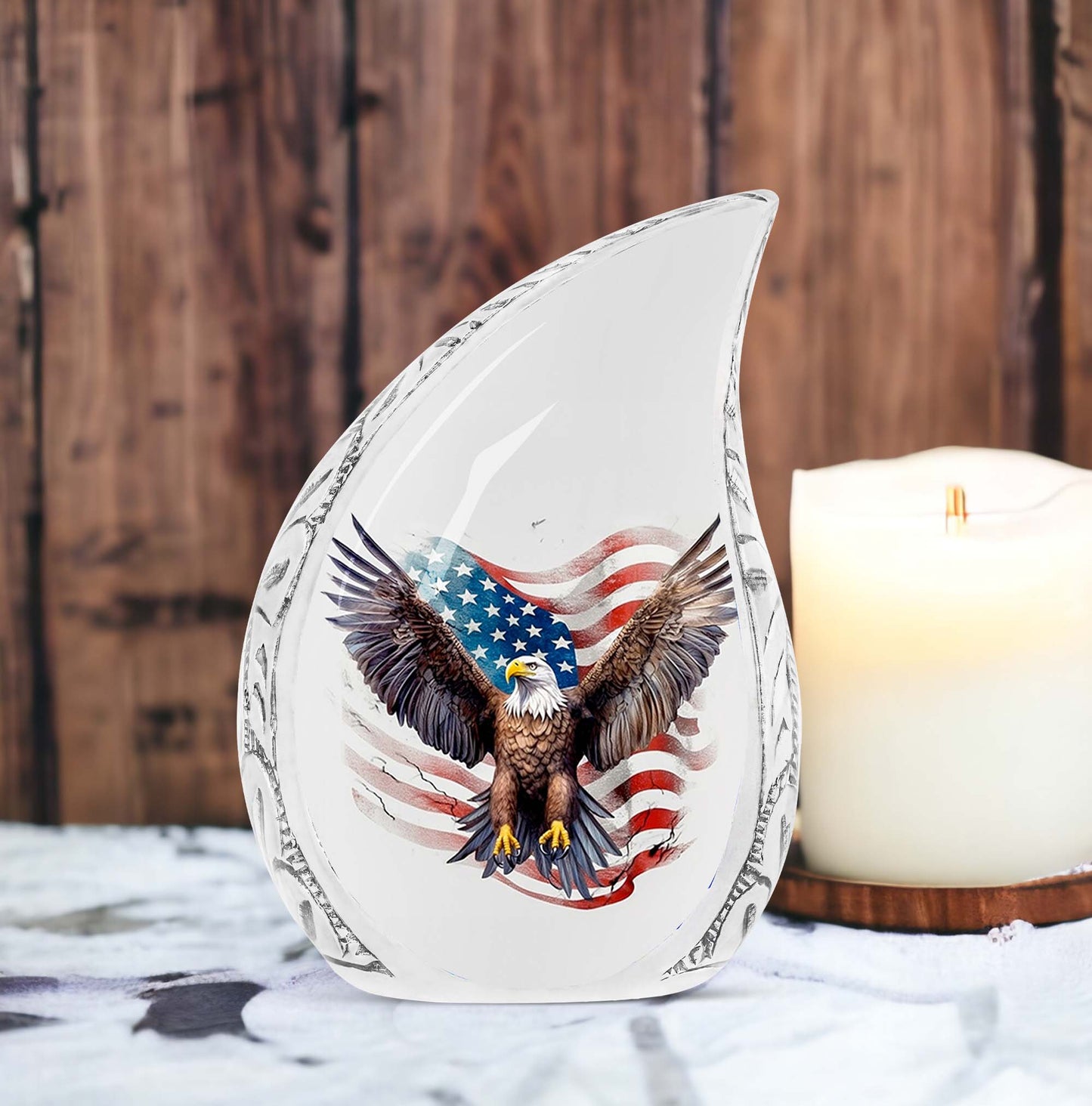 Elegant American flag-themed cremation urn featuring an eagle, suitable for adults' ashes