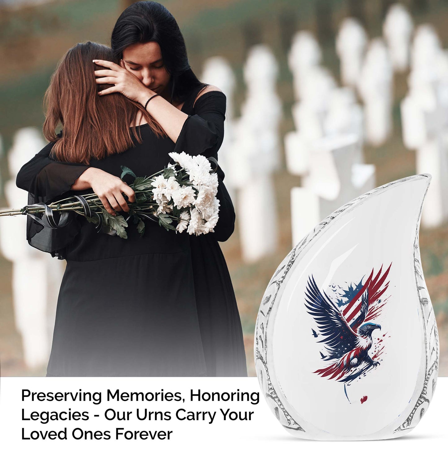 Large Companion Cremation Urn Human Ashes, featuring an Eagle paired with the American Flag illustration