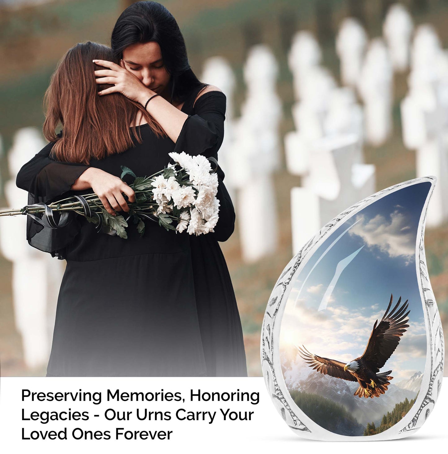 Large eagle urn portraying an eagle soaring in a valley, designed as a dignified ashes holder for adult human remains.