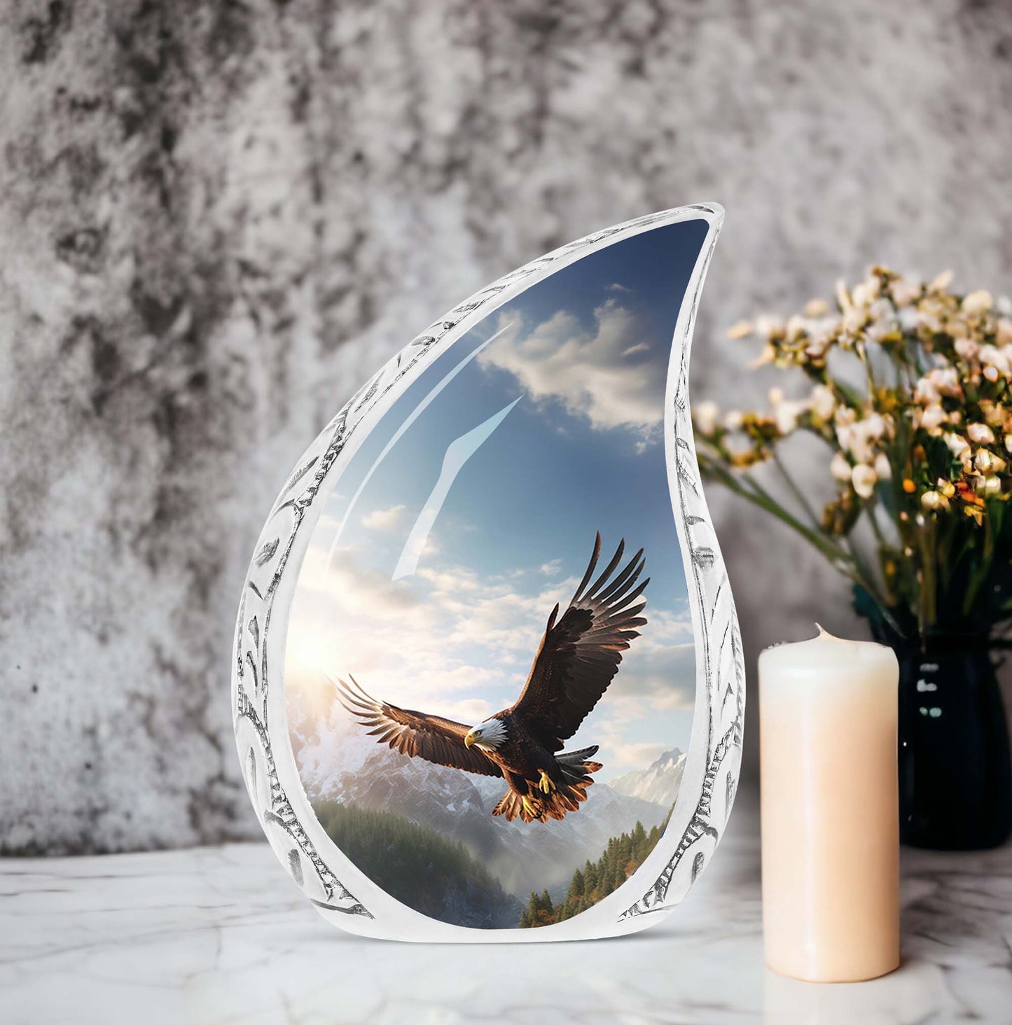 Large eagle urn portraying an eagle soaring in a valley, designed as a dignified ashes holder for adult human remains.