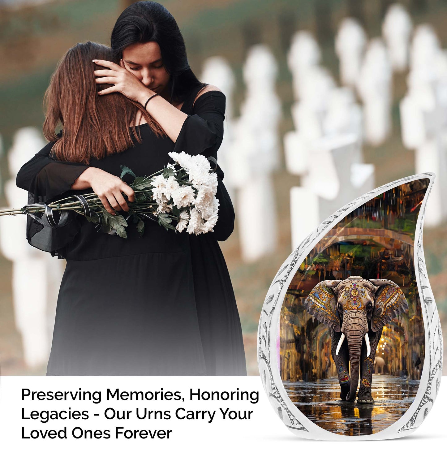 10-inch large cremation urn adorned with elephant and ornaments, suitable for adult male ashes.