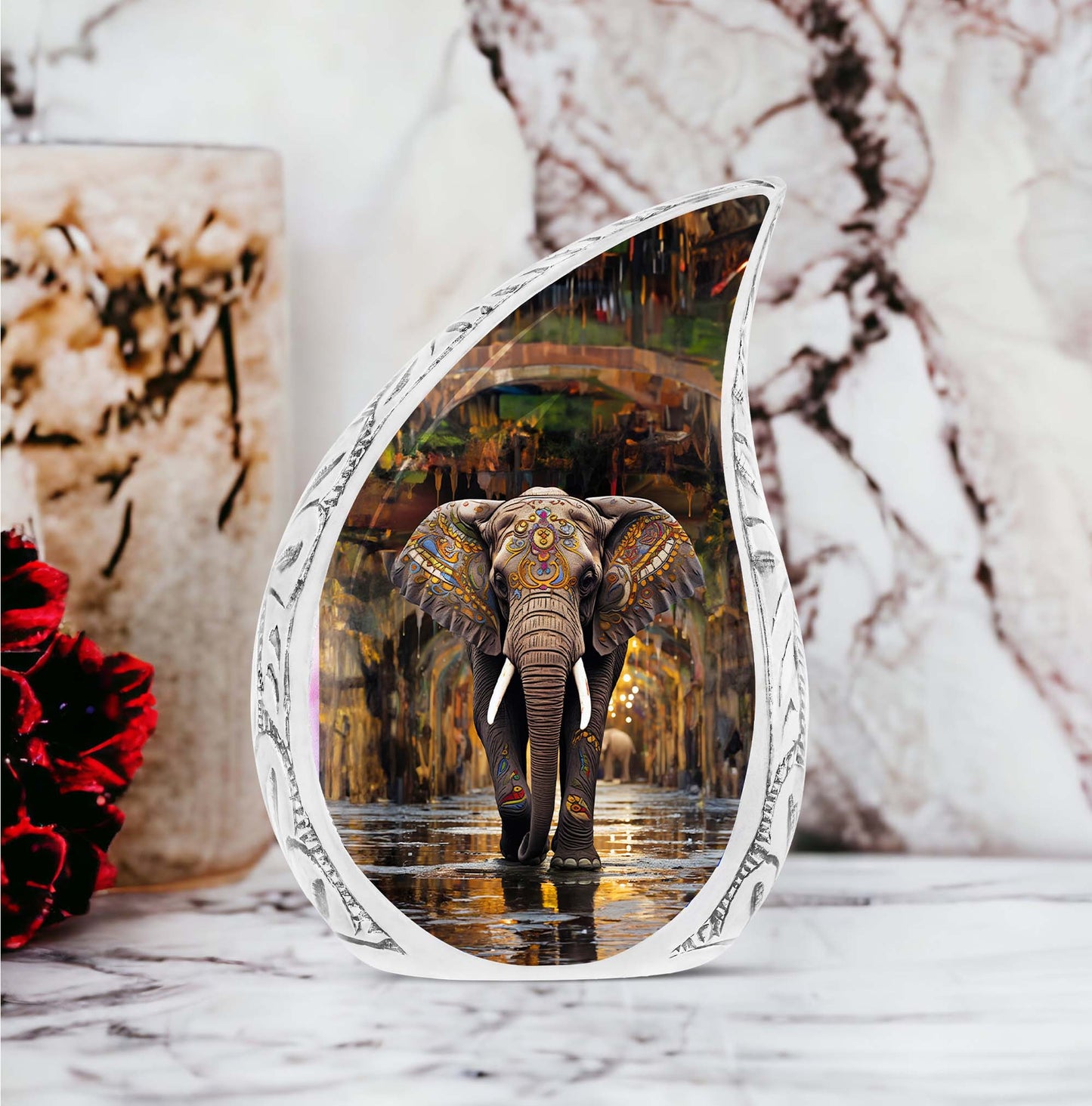10-inch large cremation urn adorned with elephant and ornaments, suitable for adult male ashes.