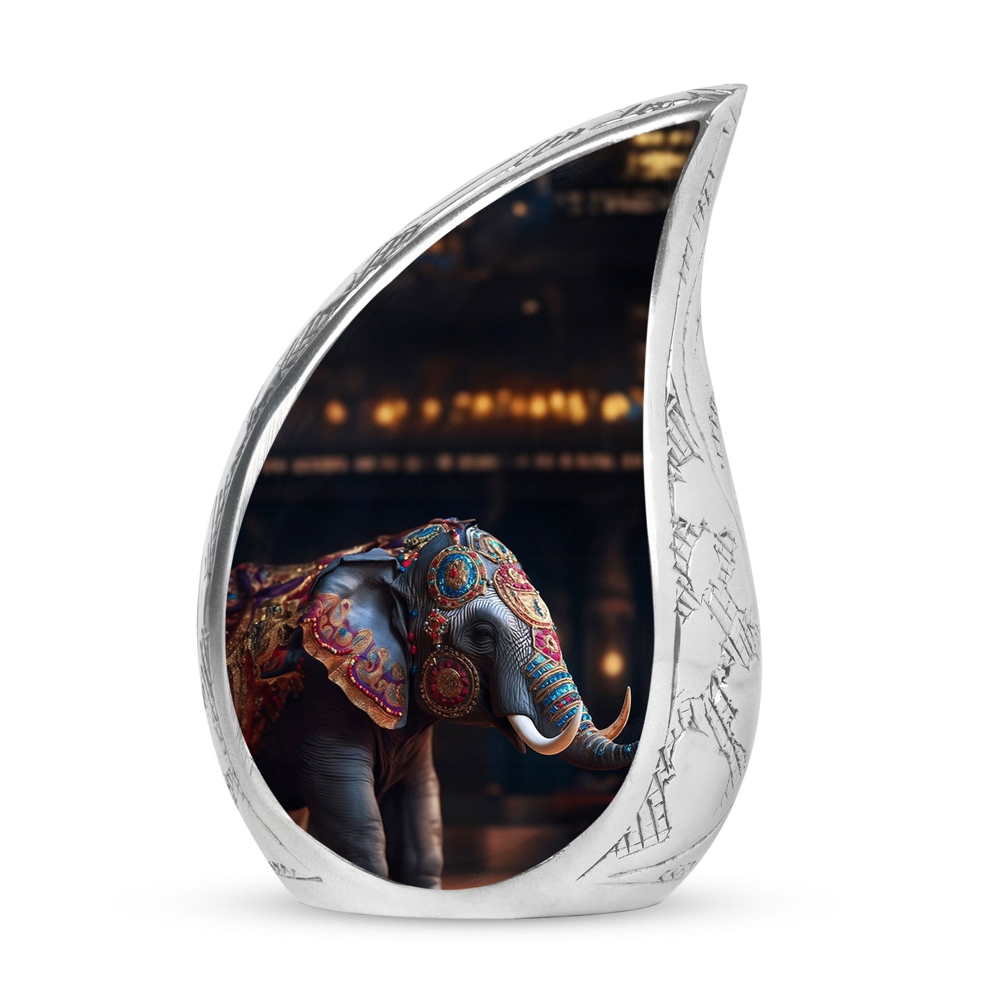 Large cremation urn for ashes featuring an intricate elephant design, ideal for adult male funeral use