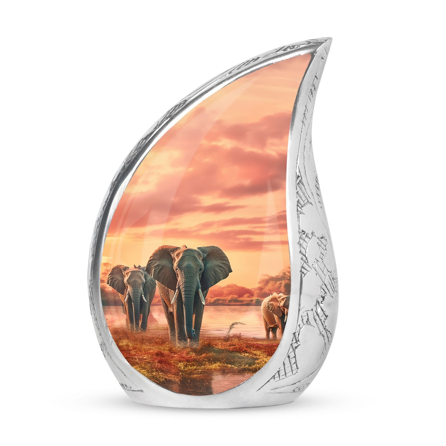 Large urn for human ashes featuring an elephant walking through a field design, suitable for funeral usage