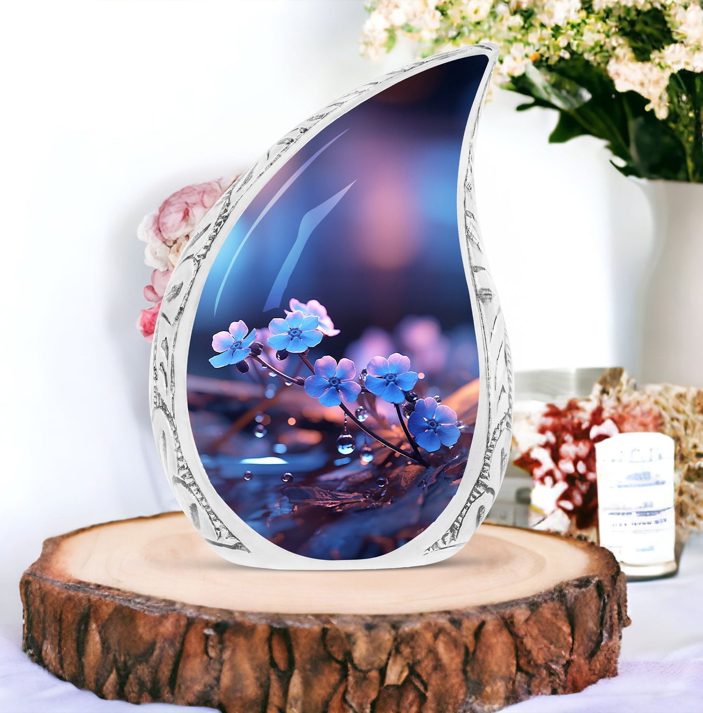 Large decorative cremation urn adorned with Forget Me Not Blue flowers and water drops, unique funeral urn for human ashes.