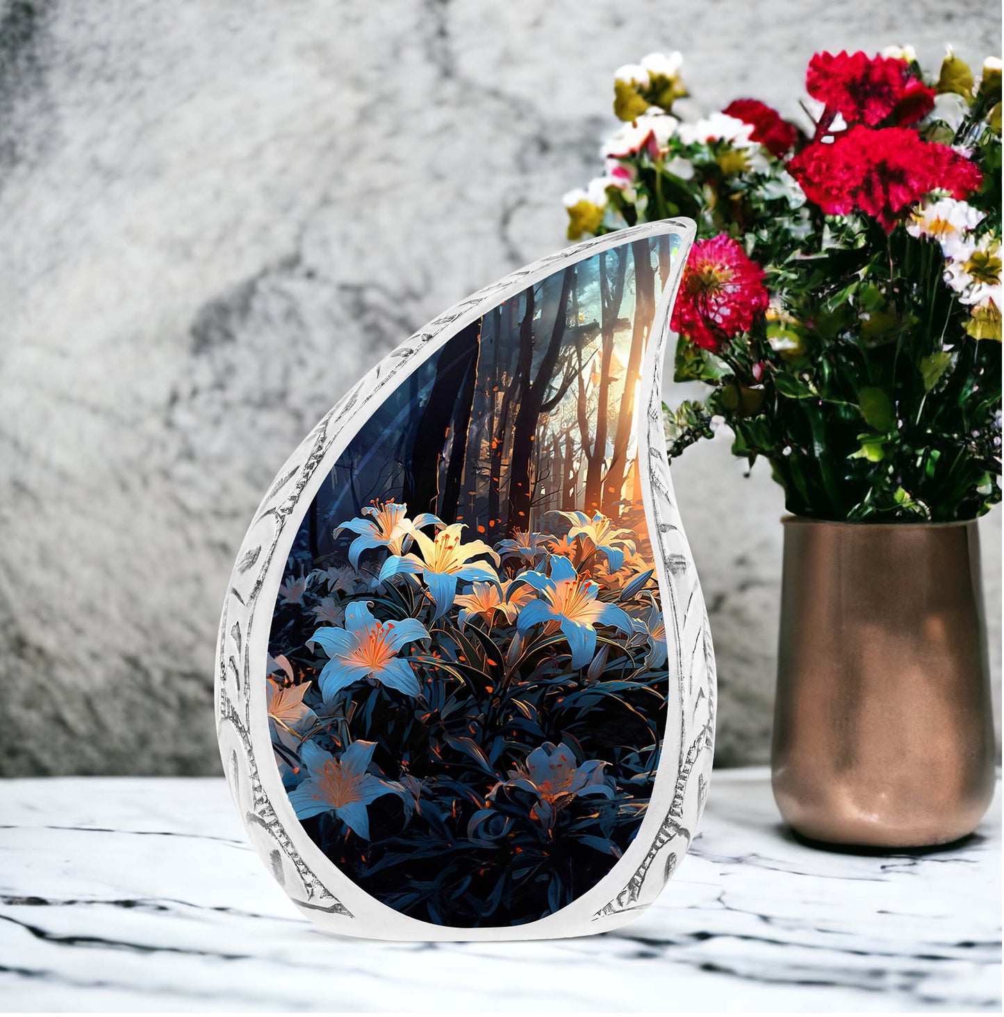 8 white lilies grouped together on large urns for human ashes, unique cremation container for adults from Perfect Memorials