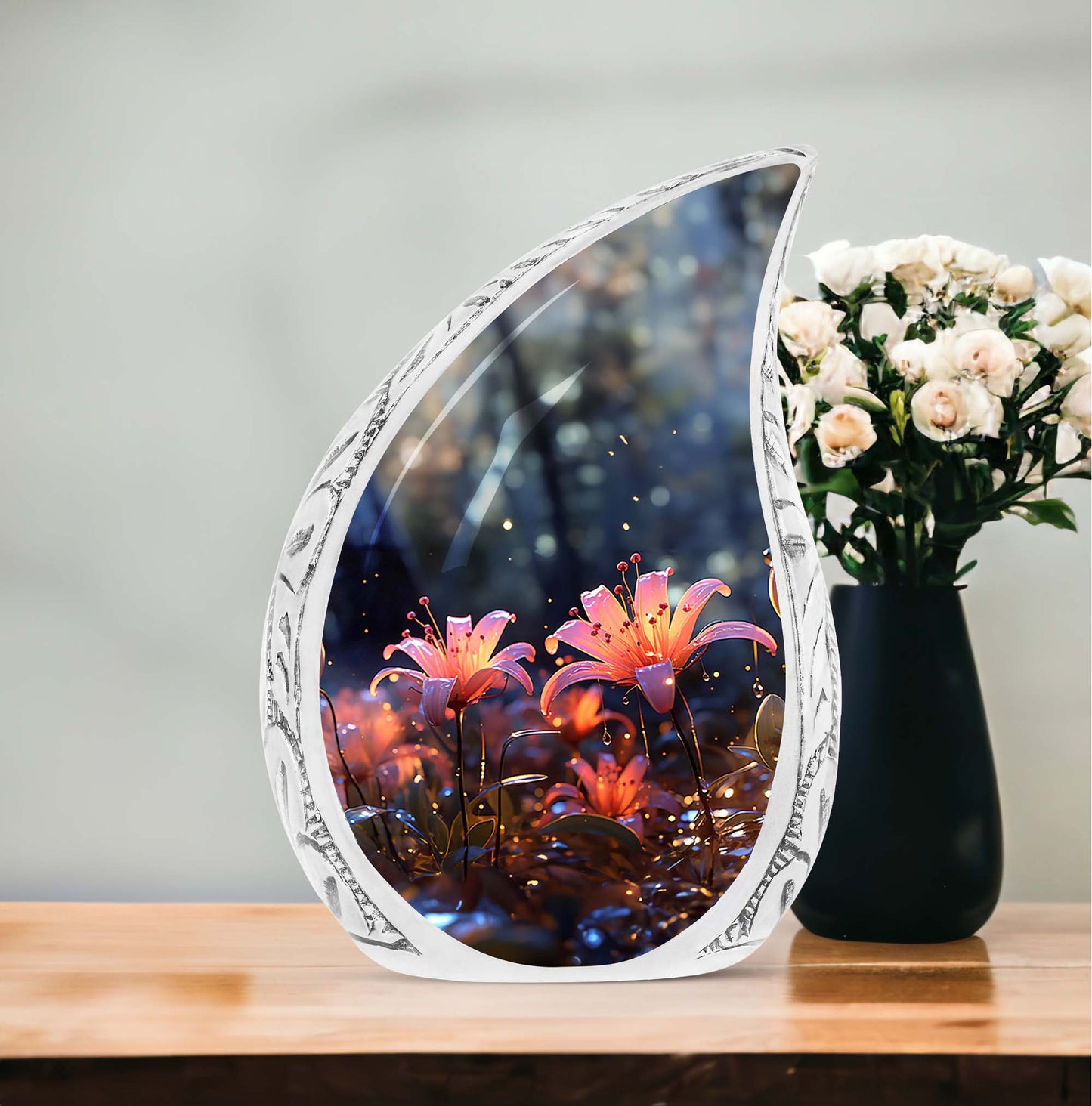 Large cremation urn featuring 2 Pink Lilly Night imagery, ideal for memorials, particularly for Dad.